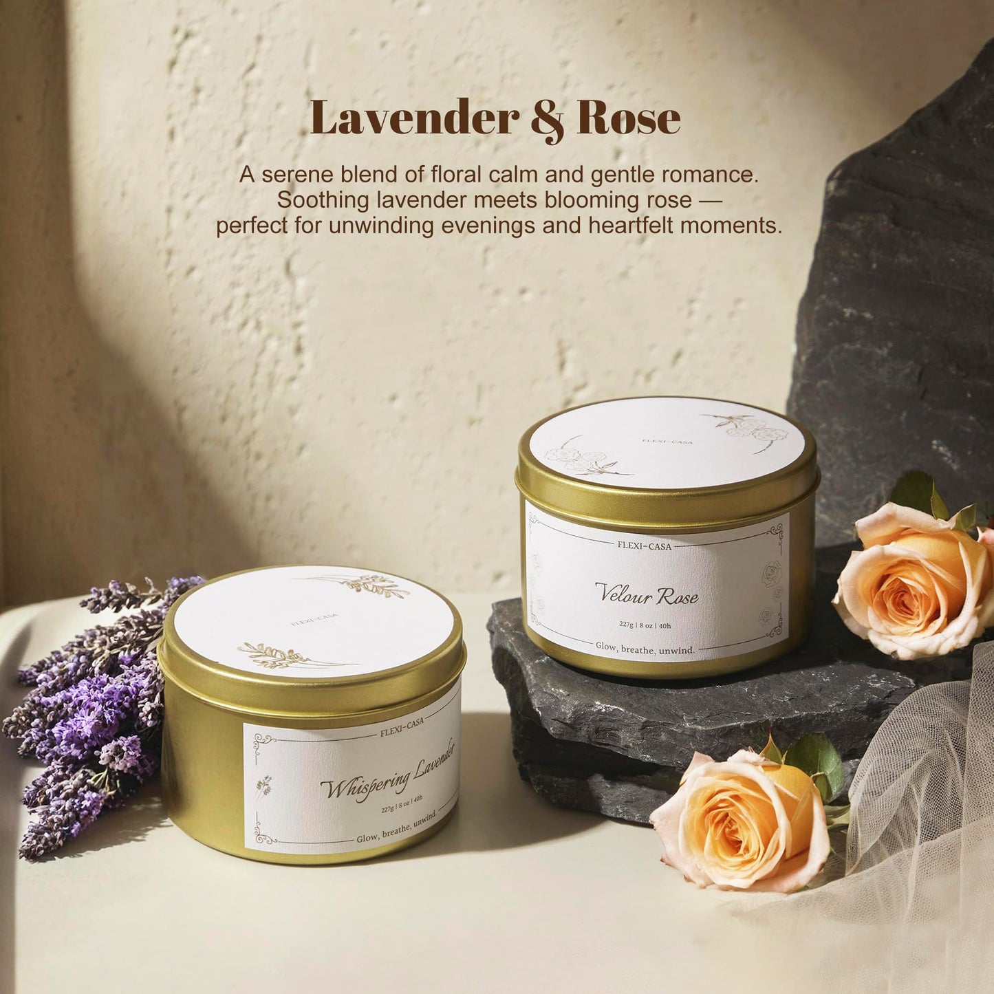 Flexi-Casa Lavender & Rose Aromatherapy Candle Set, 2 Pack Floral Soy Wax Tin Candles, Long Lasting Scented Candles for Home, Relaxation, Stress Relief, Travel Size Gifts for Women
