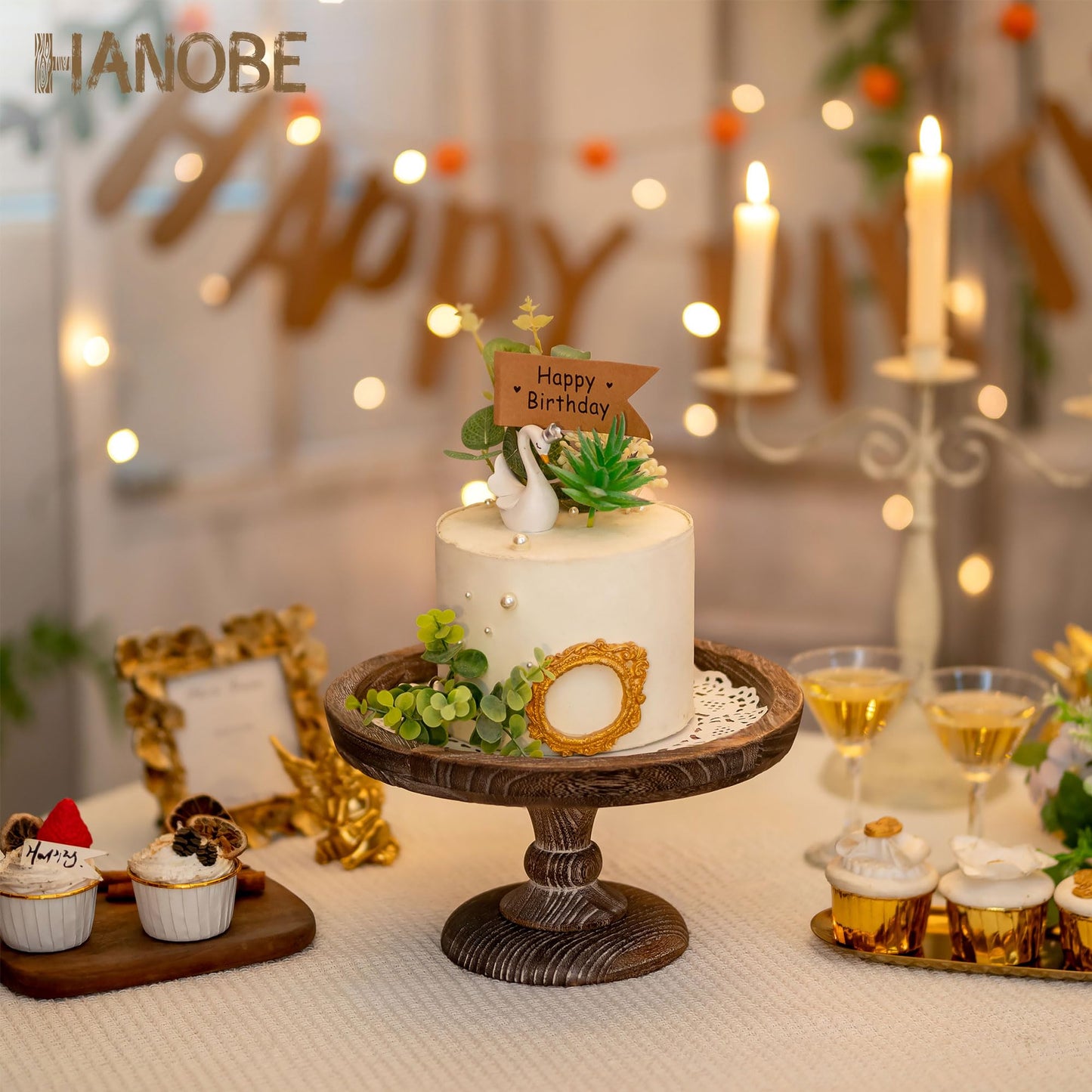 Hanobe Display Riser for Farmhouse Decor: Rustic Wooden Risers Round Decorative Pedestal Plate Stand Holder Tray for Candle, Cupcake, Plant