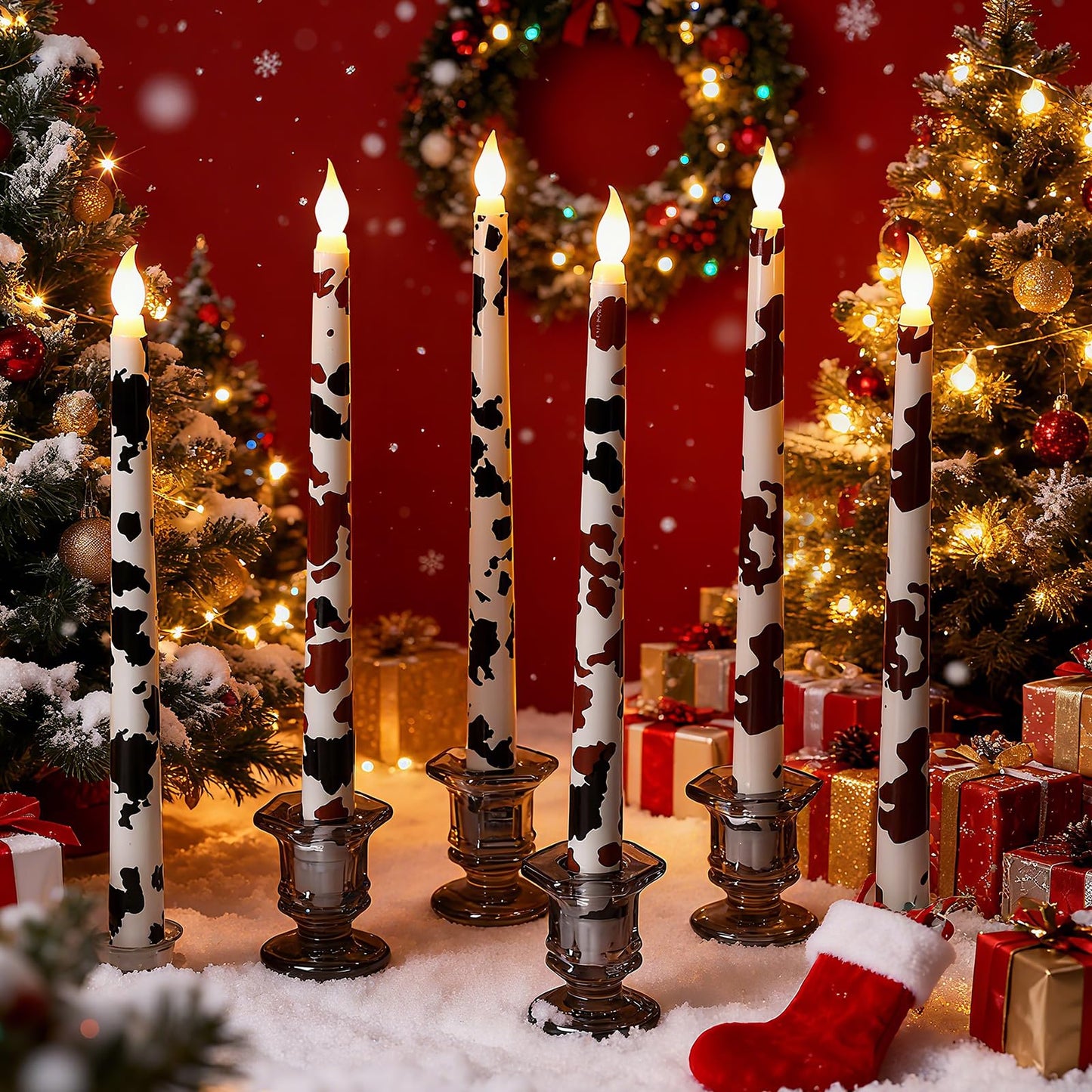 Kittmip 6 Pcs Christmas Cowhide Printed Flameless Taper Candles 11 Inch Battery Operated LED Western Country Rustic Candles Farmhouse Table Centerpiece for Xmas Holiday Party Decor Gifts