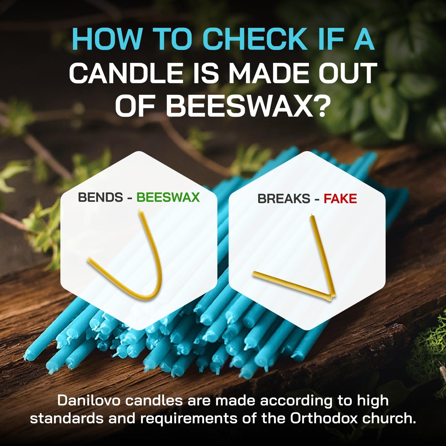 Danilovo Thin Taper Beeswax Candles - Honey-Scented, Decorative Candles Ideal for Birthday Decoration or Church Prayers - Turqoise Drip Free, Tall & Smokeless Pack of 50 pcs, 6.4 x 0.22 inch