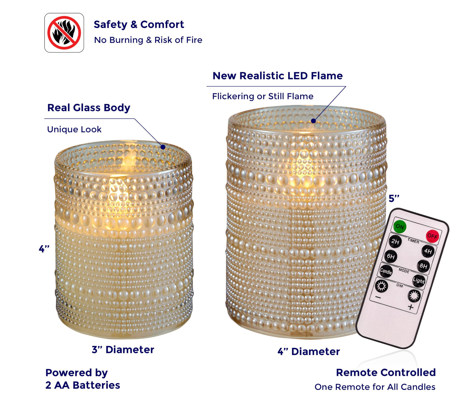 VENTA Beyond The Flame Mesmerizing Dotted Glass Candles | Set of 2 Ivory LED Pillars | Create a Magical, Worry-Free Glow with Remote & Timer | Perfect for Home, Holiday & Wedding Ambiance
