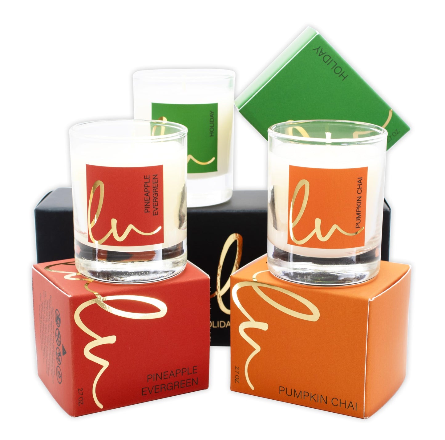 Lulu Candles | Holiday, Pineapple Evergreen, Pumpkin Chai | Luxury Scented Soy Jar Candle | Hand Poured in The USA | Highly Scented (Holiday Gift Set - 3 PC, 2.7 Oz. Votives)