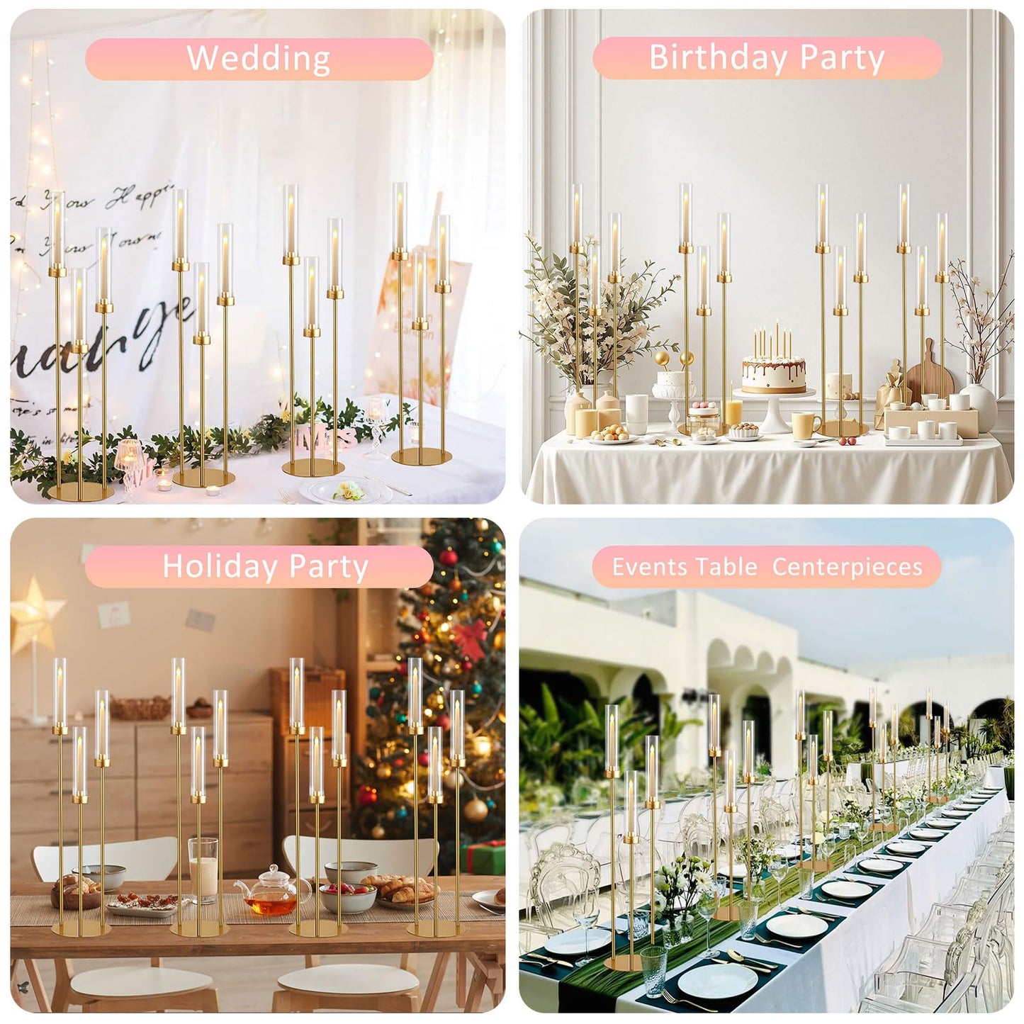 Vincidern 6pcs Candelabra 3 Arm, Wedding Centerpieces for Tables, 33.8'' Tall Candle Holder Gold Table Centerpieces for Wedding, Party, Event, with Acrylic Lampshade, Fit LED Taper Candles