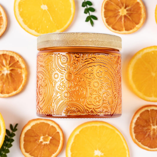 10 oz Embossed Glass Candle Container with Bamboo Lids and Labels, Clear Candle Jars for Making Candles, Sun Moon Stars Design - Pack of 9 (Orange)