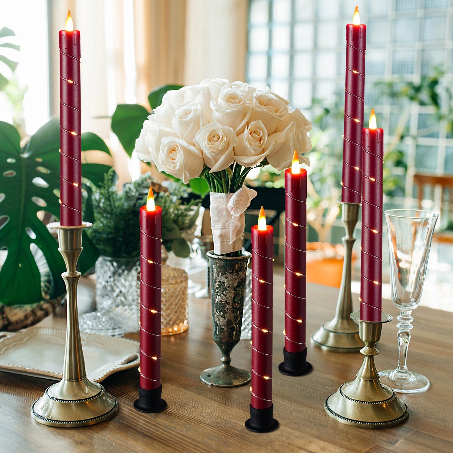 Da by 3 Pack Red Dripping Wax Flameless Candles, Realistic Dynamic Flame LED Taper Candles with Surrounding Fairy String Lights, Remote Control Battery Operated Candles for Home Wedding Holiday Decor