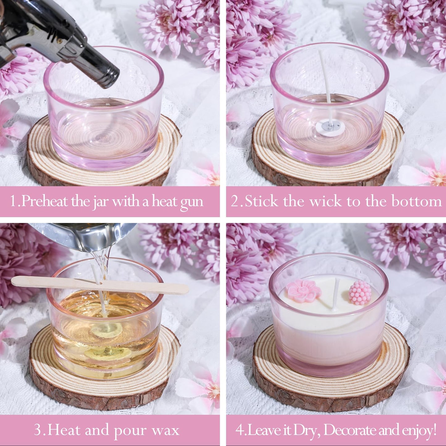 CONNOO 15 Pack 4 OZ Pink Glass Candle Jars with Airtight Bamboo Lids for Making Candles, Bulk Small Wide Mouth Empty Candle Containers with Sticky Warning Labels - Dishwasher Safe