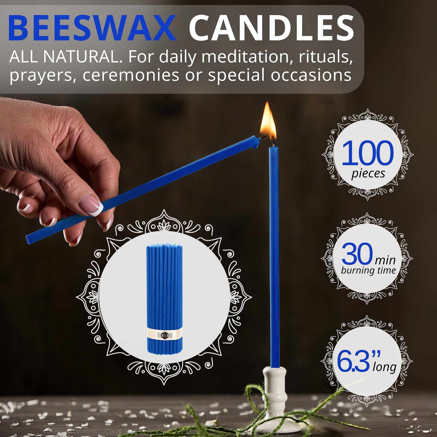 Danilovo Thin Taper Beeswax Candles - No-Drip, Smoke-Less, Tall, Decorative, Honey Scented Candles Ideal for Church Prayer, Rituals, Decor or Birthday – 6.3”x0.2” (Blue, 100pcs)