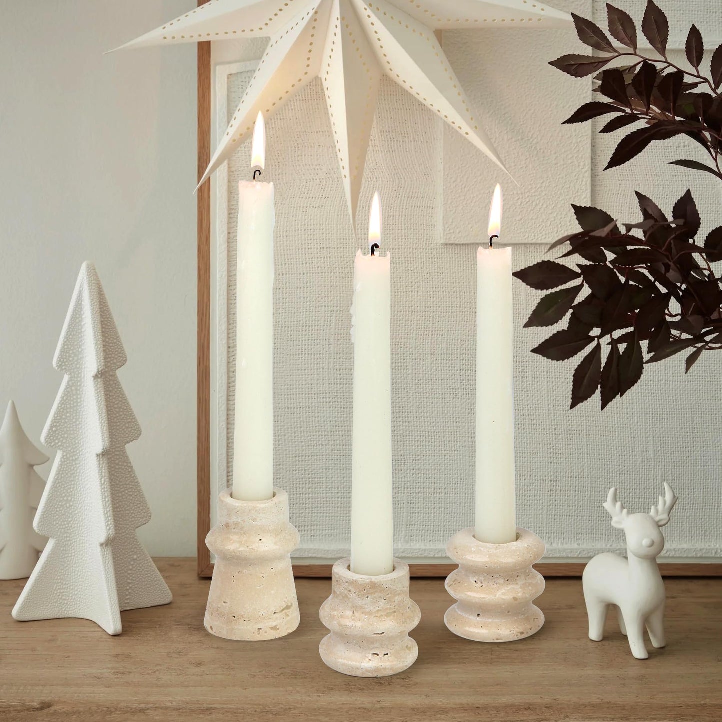 Vixdonos Natural Stone Candle Holder Set of 3 Taper Candle Candlestick Mantle Candle Stand for Home Decor,Wedding,Party and Table Centerpieces(White)
