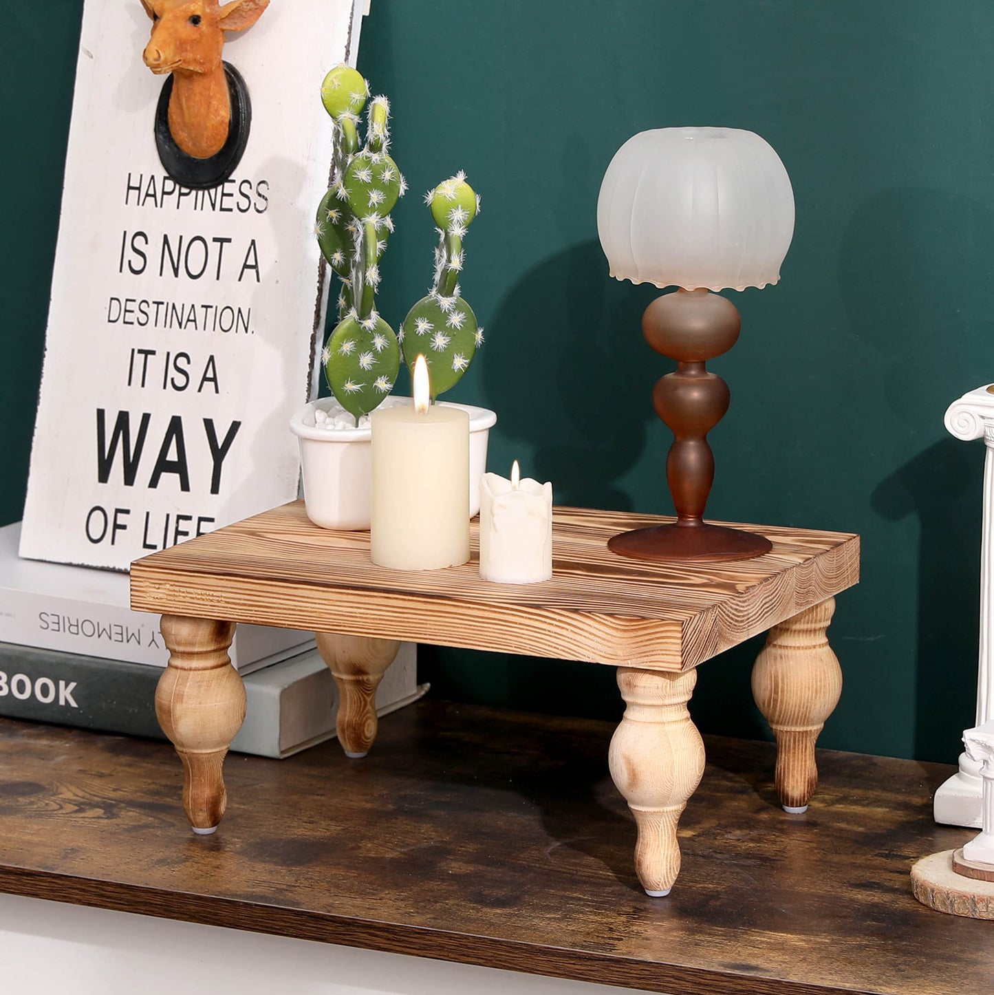 Elynice Decorative Wood Risers for Display - 12 x 9 x 5.5 Wood Pedestal Stand Table for Farmhouse Decor, Kitchen Counter Display - Wooden Kitchen Soap Tray