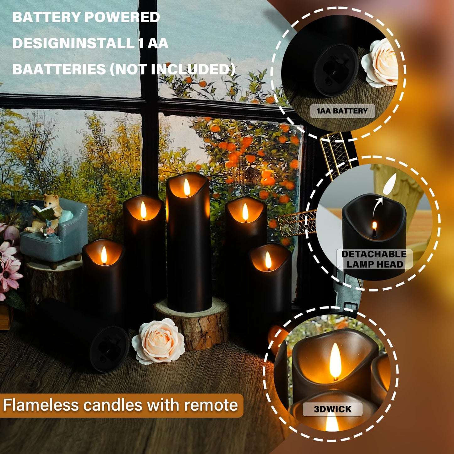Nimiko Flameless Candles with Remote, Battery Operated Flickering Flameless Candles, LED Candles with Timer 2/4/6/8H, with Realistic LED Candles Set of 12 (D2.2 x H 5" 6" 7") (Black)