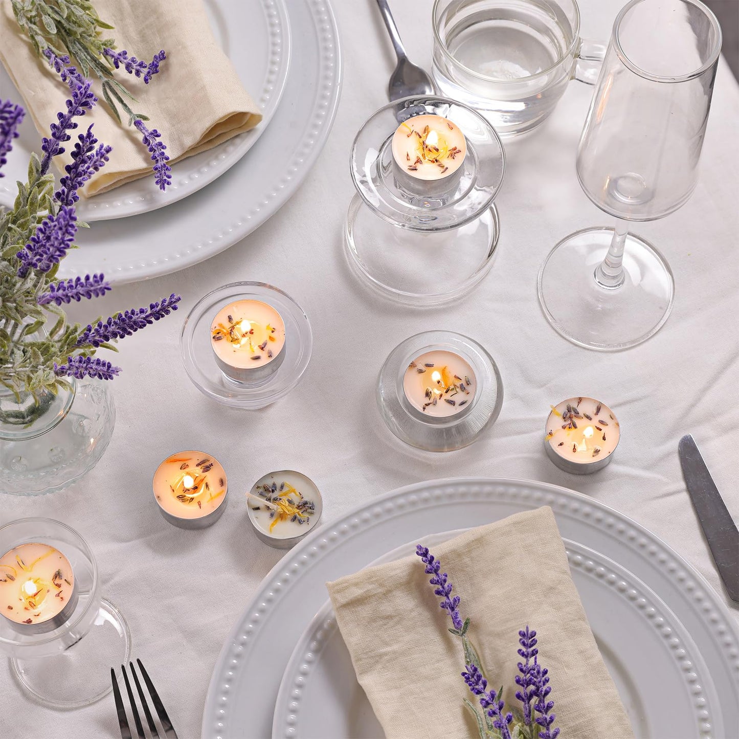 8 Pcs Lavender Scented Tealight Candles, 6H Long Burning - 100% Palm Wax Based Scented Tea Lights with Dried Flowers, Non-Toxic/Smokeless Tea Lights Candles for Spa, Bath, Wedding