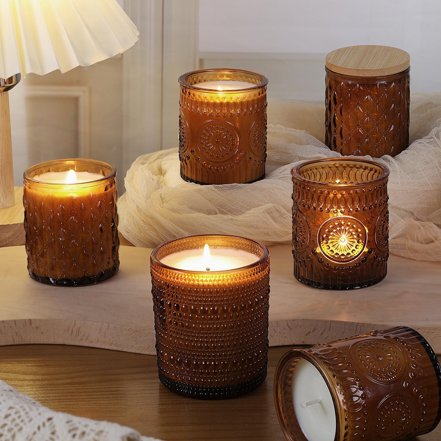 DARJEN 12 Pack Amber Candle Jars for Making Candles- 3 Styles Glass Candle Making Jars Bulk with Bamboo Lids and Labels, Candle Making Supplies Candle Vessels for Home Decor