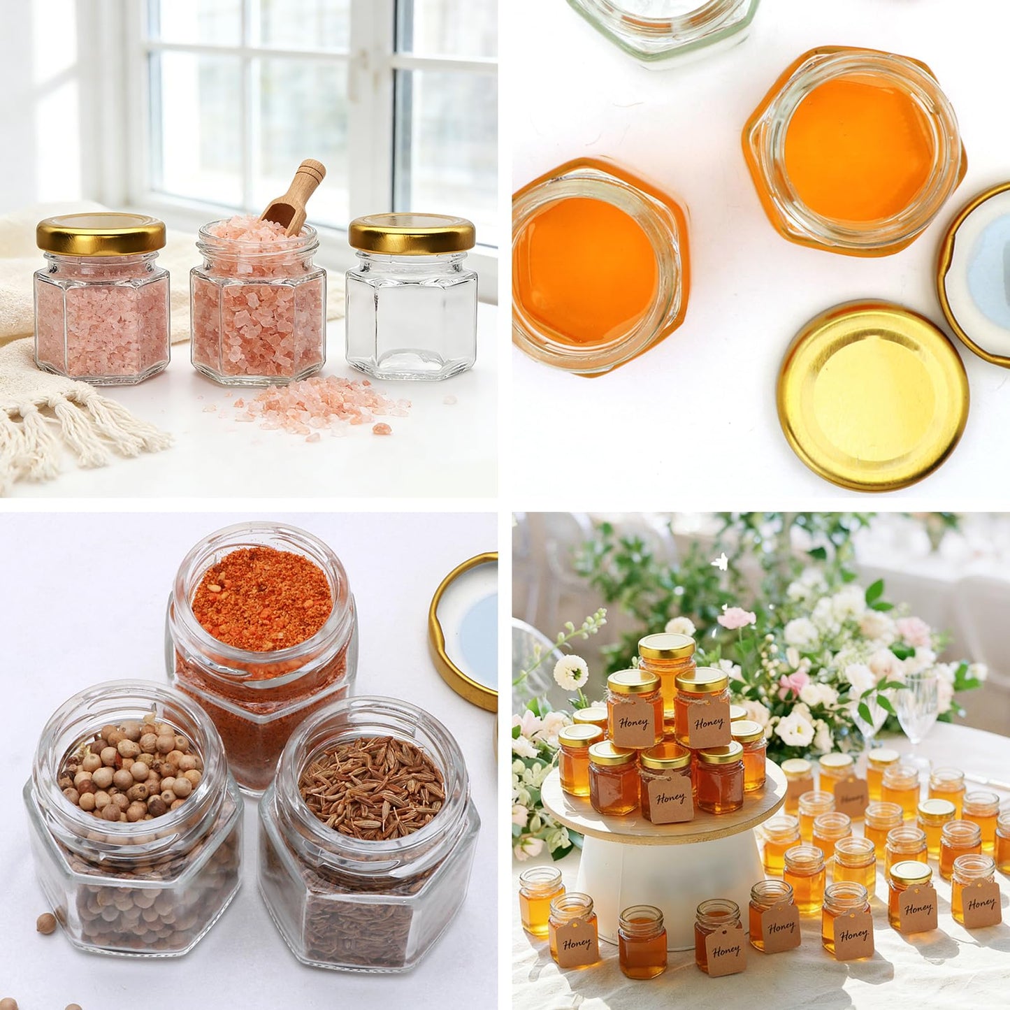 Encheng 60 Pack Small Glass Honey Jar with Lid, 1.5 oz Mini Mason Jars for Party Favor, Wedding Favor, Baby Shower, Hexagonal Honey Containers for Jam, Spices, Herbs, Candy, Sample, Candle, Crafts