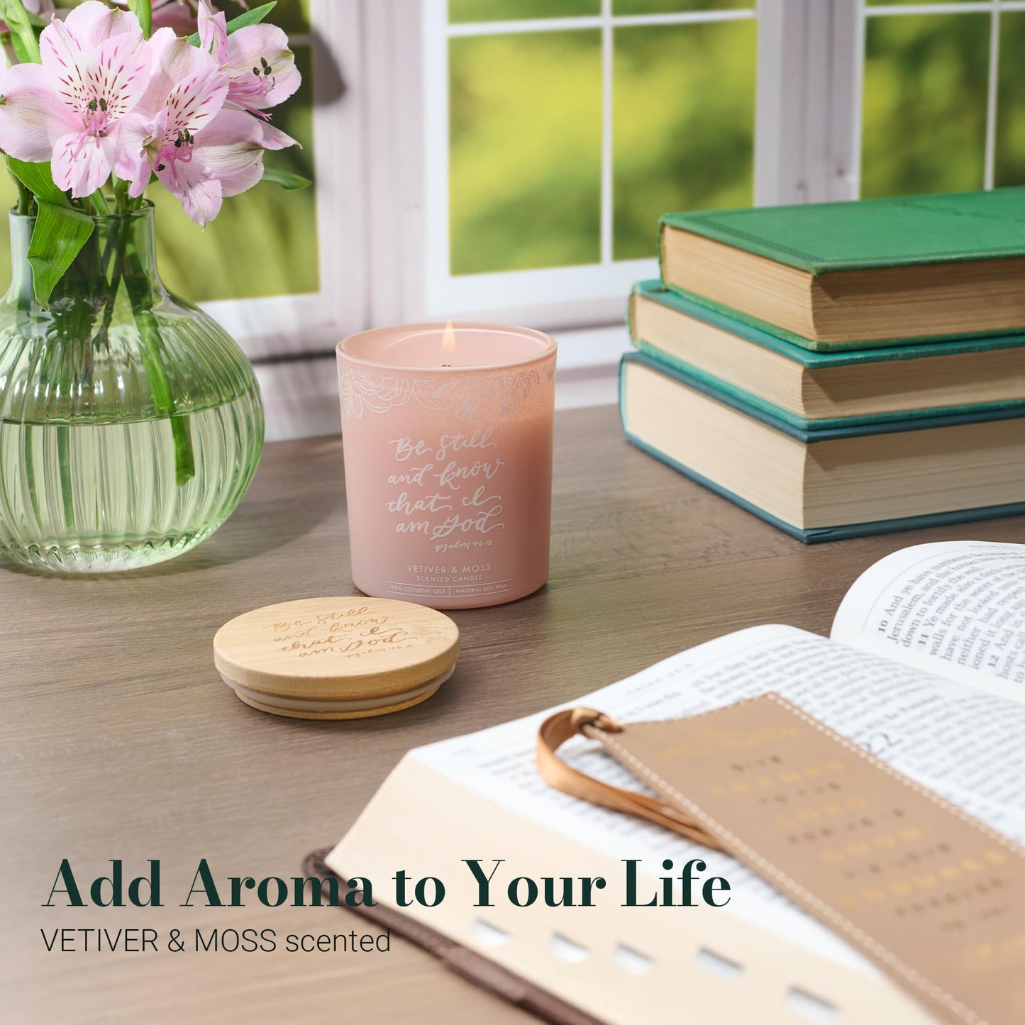 Christian Art Gifts Soy Wax Scented Candle: Be Still & Know Bible Verse, Vetiver & Moss Scent, Pure Essential Oils, 4.5 oz, Up to 20 Hours Burn Time, Glass Jar w/Bamboo Lid, Women's Encouragement Gift