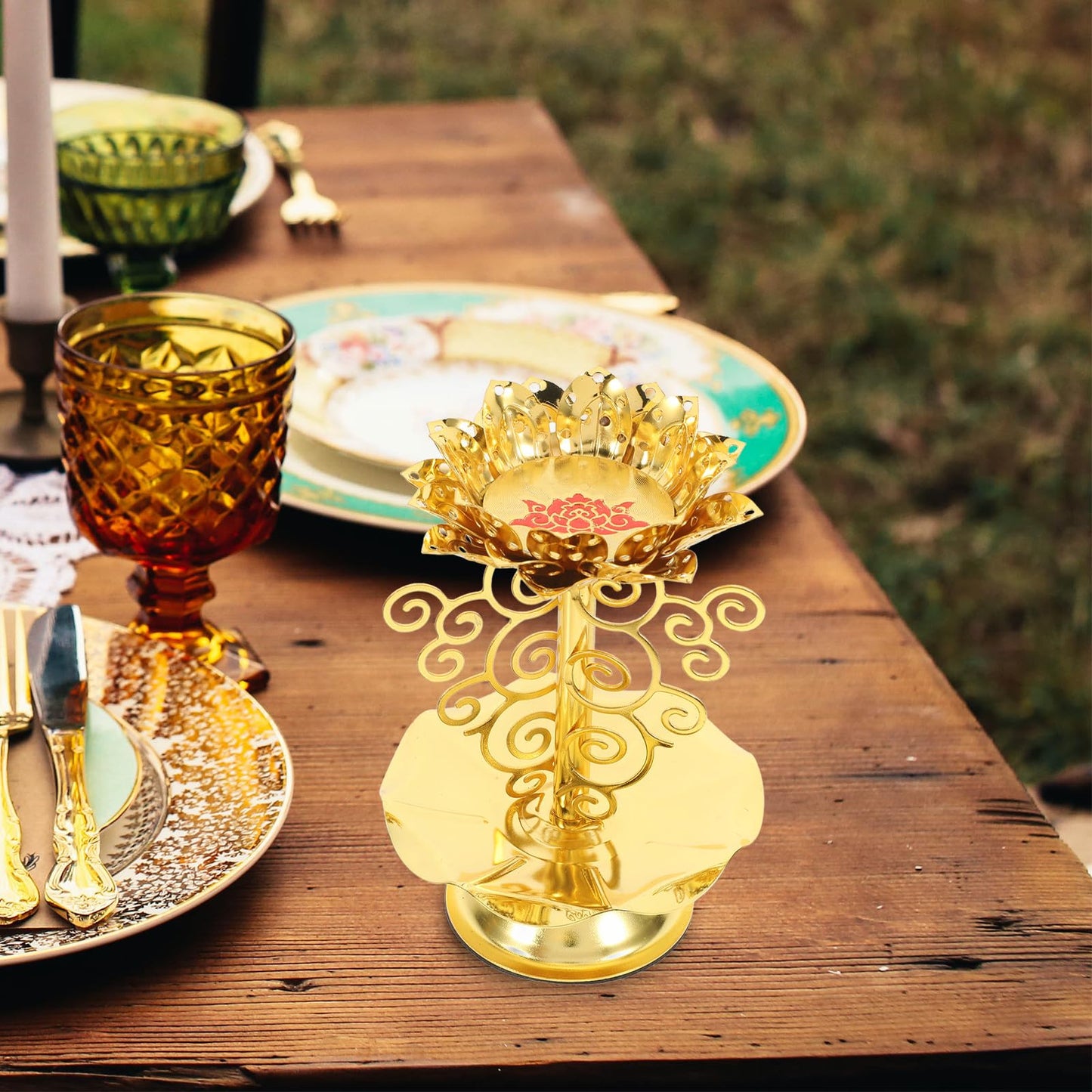 SUPVOX 2pcs 4.5-Size Metallic Lotus Candle Holder Buddhist Butter Lamp Base Decorative Candlestick for Home Temple Lighting