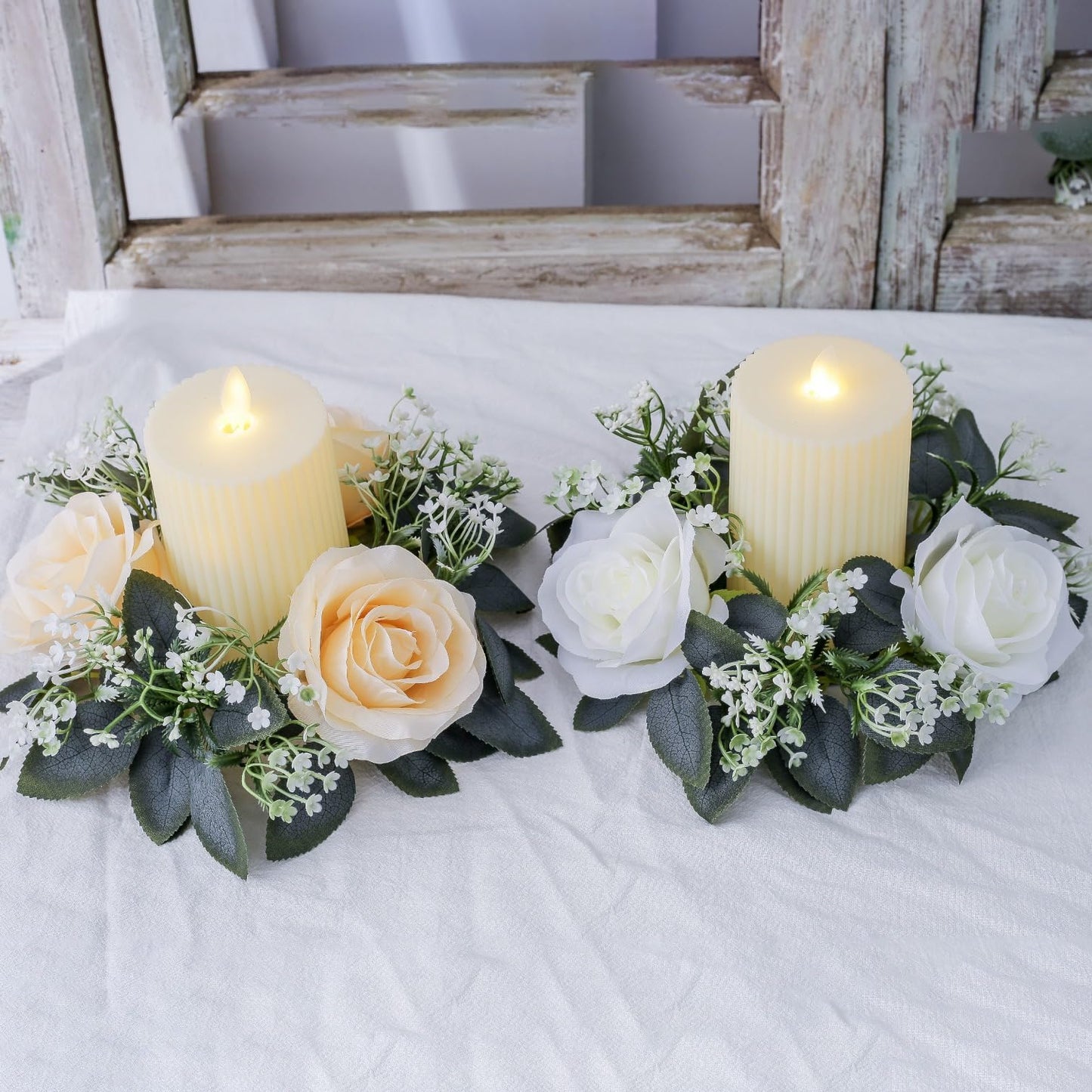 2 Pack Artificial Rose Candle Rings, Christmas Floral Wreaths with Eucalyptus Leaves Mini Wreaths Candle Rings for Pillar Candle Lantern Wedding Centerpiece Party Home Fall Table Decor (Champagne)