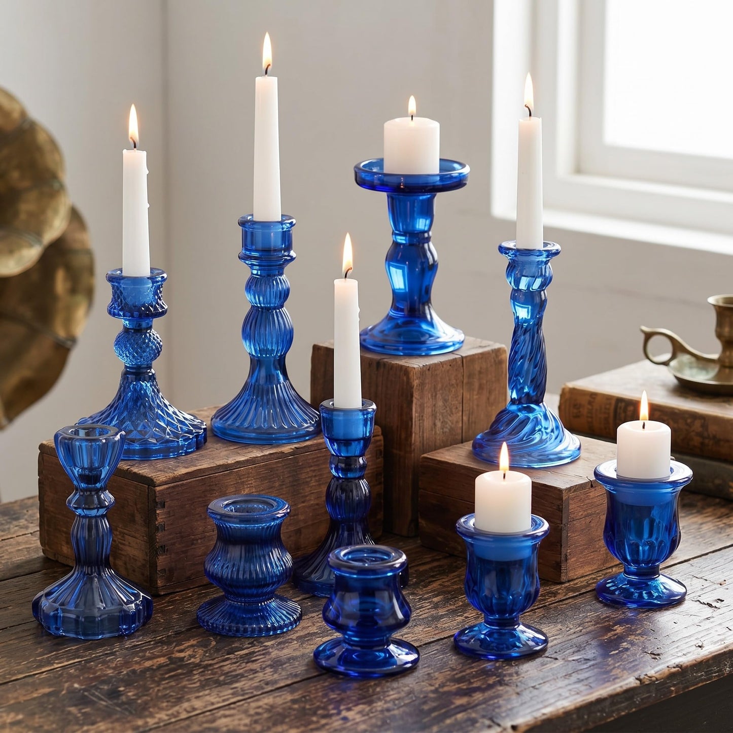 Mumufy 10 Pcs Glass Crystal Taper Candle Holders Clear Glass Candlestick Holder Fit 0.8 Inch Candles Crystal Decorative Candle Stand Centerpiece Table Wedding Dining Party (Classic,Blue)
