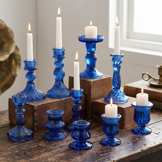 Mumufy 10 Pcs Glass Crystal Taper Candle Holders Clear Glass Candlestick Holder Fit 0.8 Inch Candles Crystal Decorative Candle Stand Centerpiece Table Wedding Dining Party (Classic,Blue)