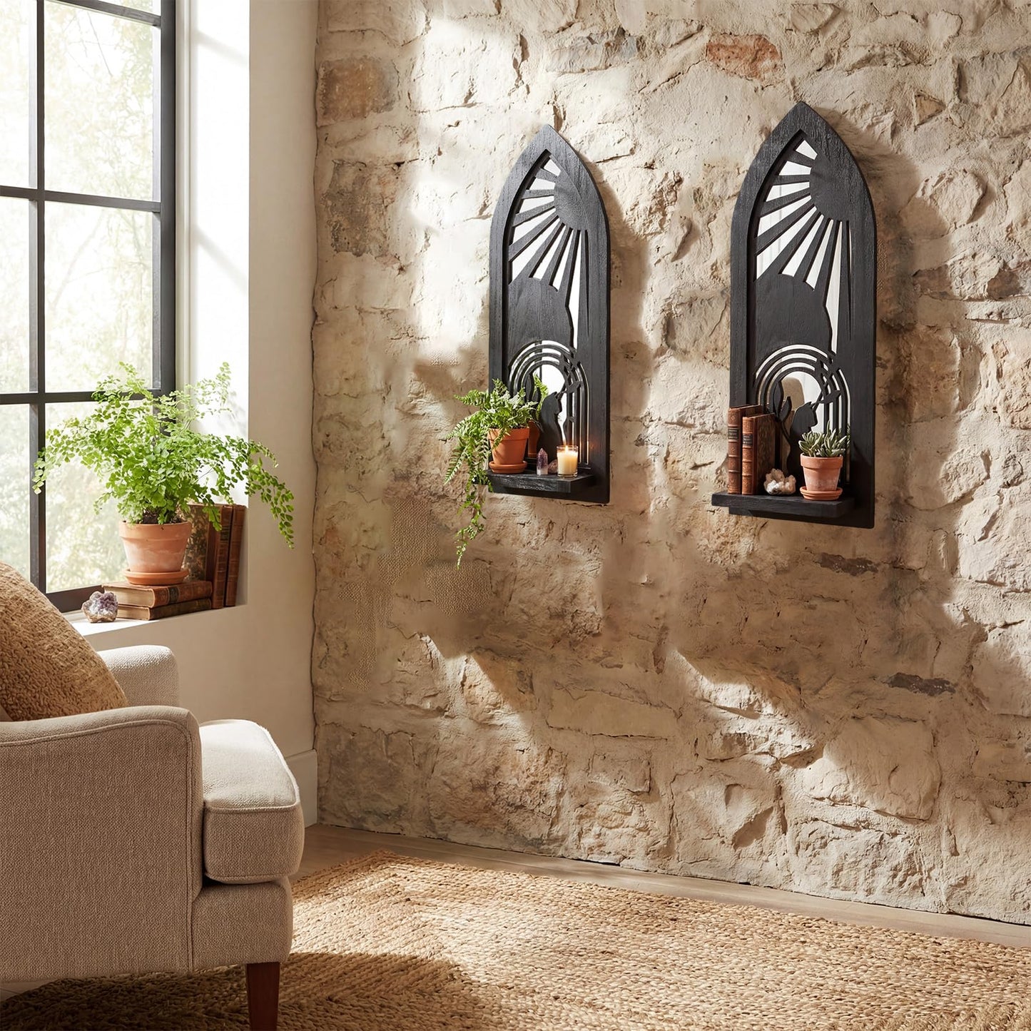 ZEXUIRU 2 Set Rustic Candle Sconces Living Room Bedroom Entryway Wood Mirrored, Farmhouse, Carved Frame Wall-Mount Wooden Candle Holders Wall Decor Hanging Handmade Holder - Black
