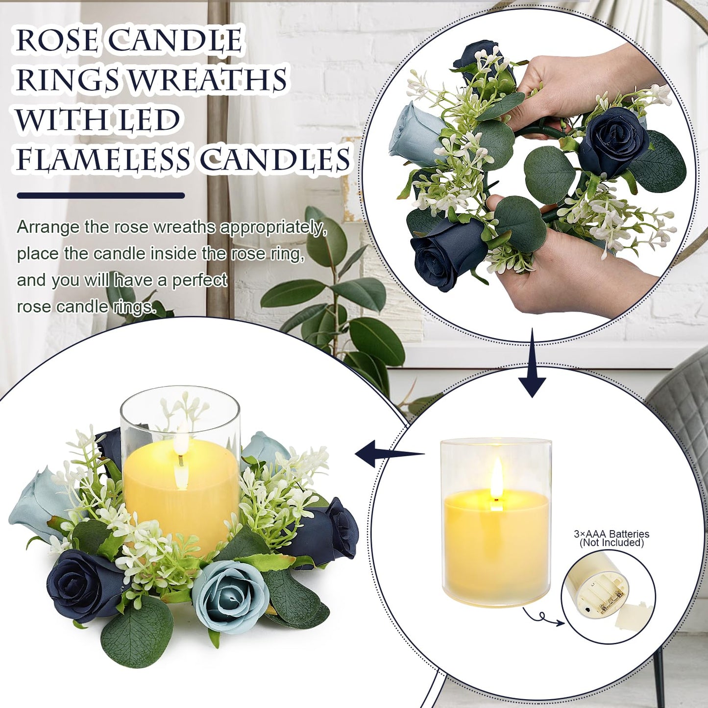 Tobilu 6 Sets Rose Rings Wreaths with LED Candles - Artificial Roses Eucalyptus Wreath Wedding Centerpiece for Wedding Bridal Shower Banquet Table Decor - Navy Blue
