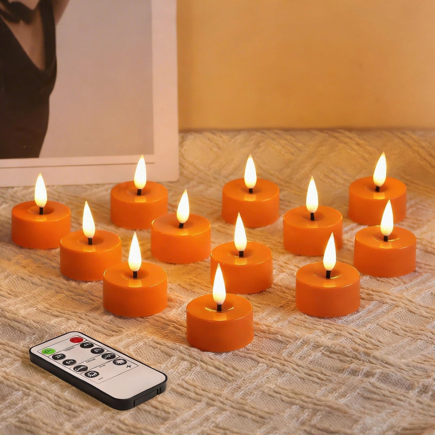 Eywamage Orange LED Tealights with Remote Batteries, Flickering Flameless Tea Votive Candles Decor Set of 12