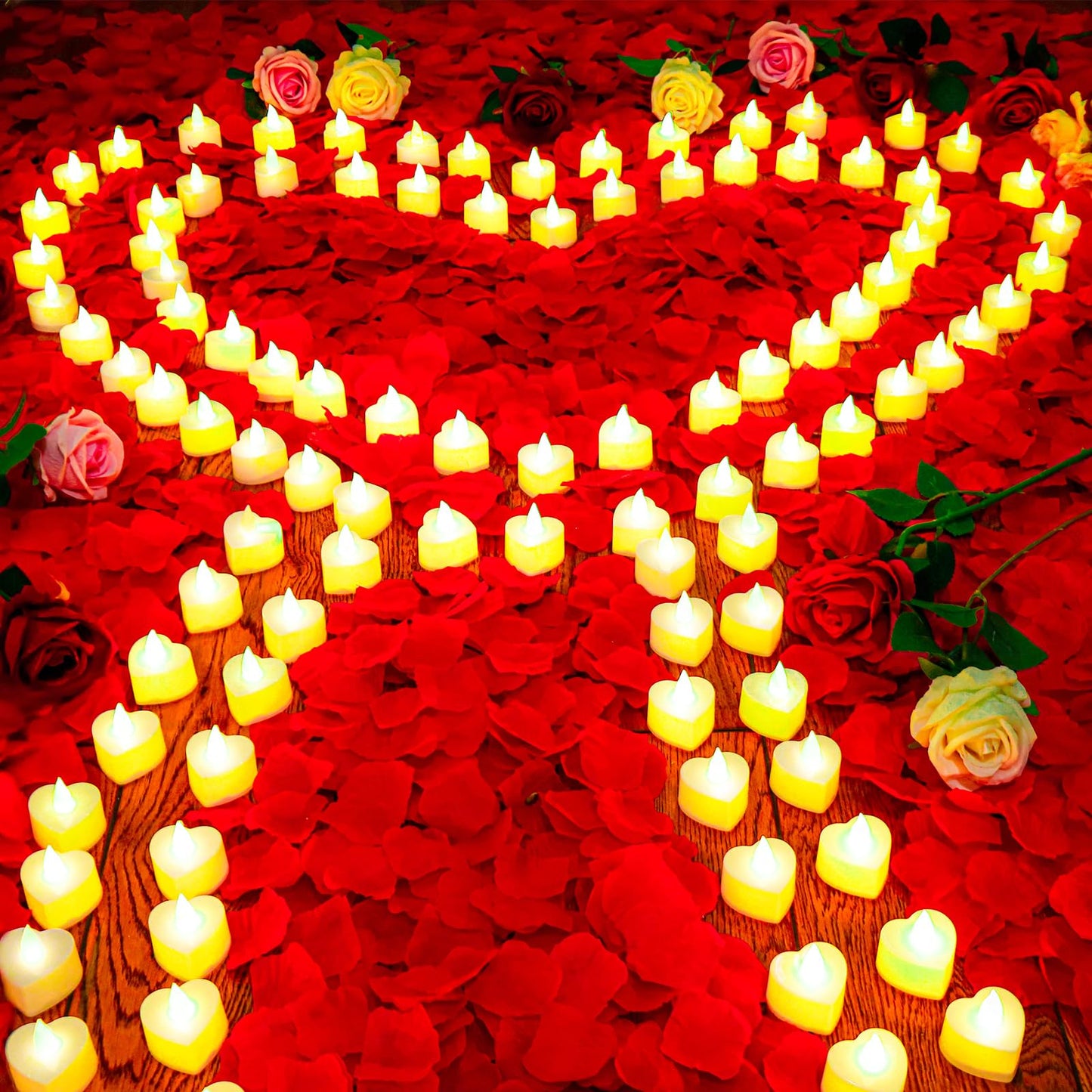 JMUQ 9000 Pieces Artificial Rose Petals with 96 Pieces Romantic Heart Led Tealight Candles, Rose Petals and Candles Set for Weddings Anniversaries Proposals Decor(Warm White Light)