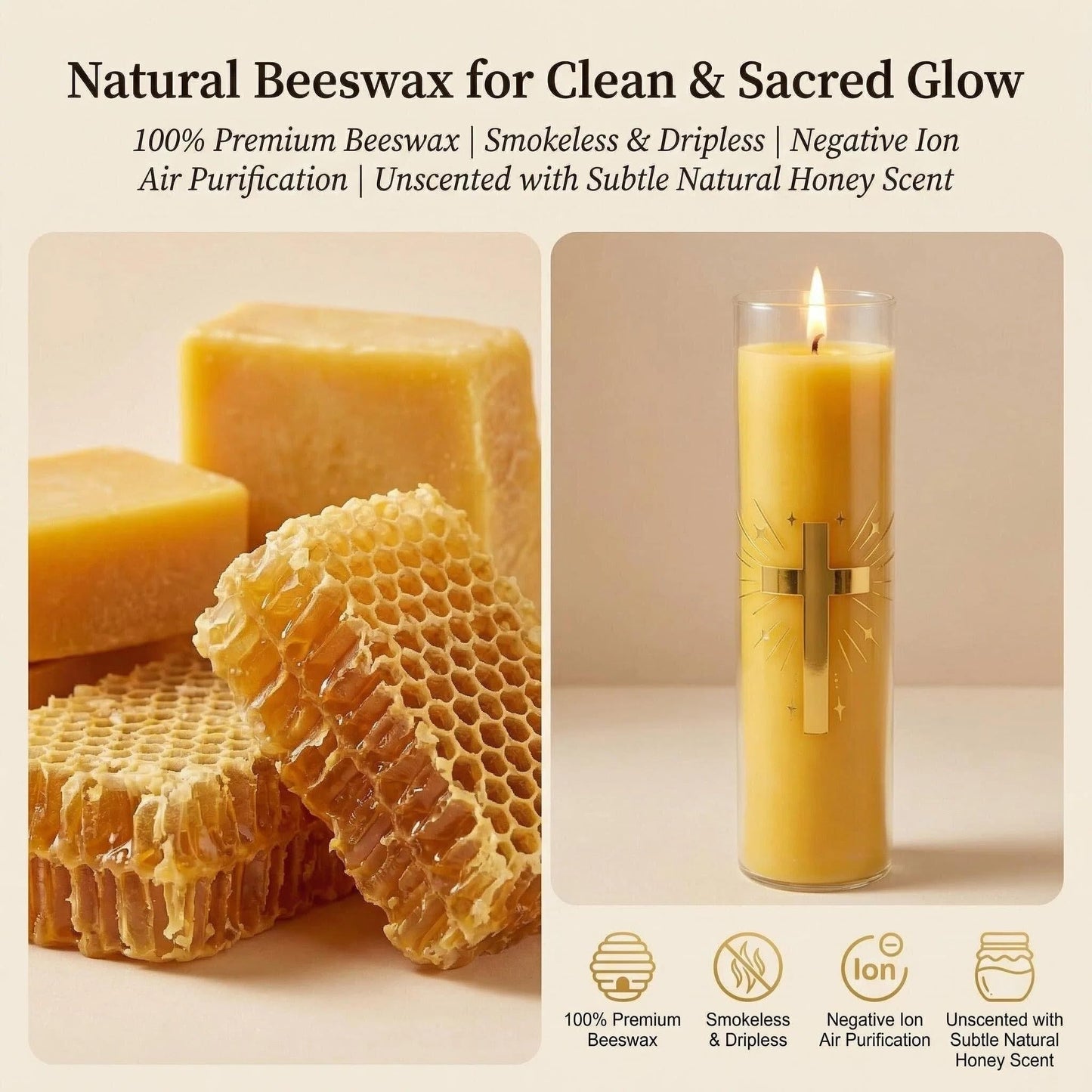 Eechen Charm 128 Hours Long Burning Beeswax Candles,Pure Beeswax Pillar Candles in Glass Jar,Unscented Natural Beeswax Prayer Candles for Religious Ceremony,Memorial,Vigil,Emergency (Yellow)