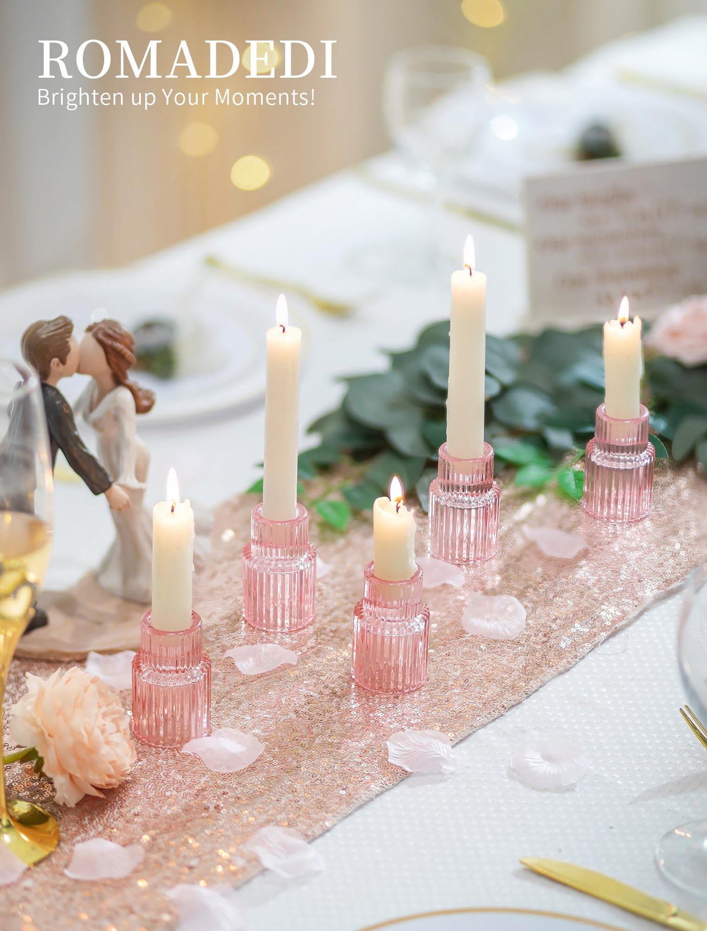 Romadedi Pink Glass Candle Holders - 10 Pcs Ribbed Candlestick Holder Bulk for Table Centerpiece Elegant Taper Holder for Wedding Birthday Party Baby Showers Valentines Mother's Day Christmas