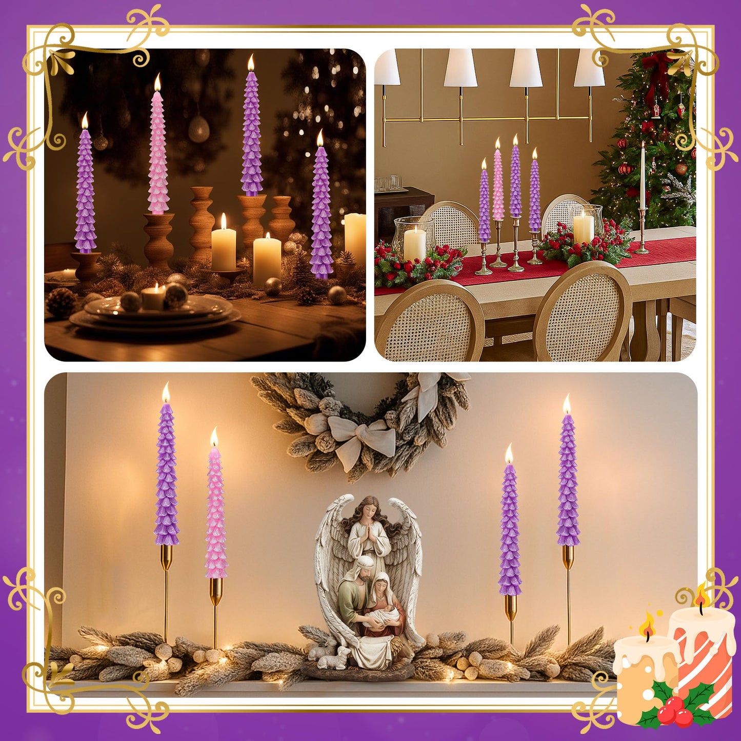 Enhon 4 Pcs Advent Candles Set, 10 Inch Tree Shaped Taper Candles, Unscented Beeswax Christmas Advent Wreath Candle for Xmas, Holiday, Church, Party, or Home Decor (Silver Rim,Purple,Pink)