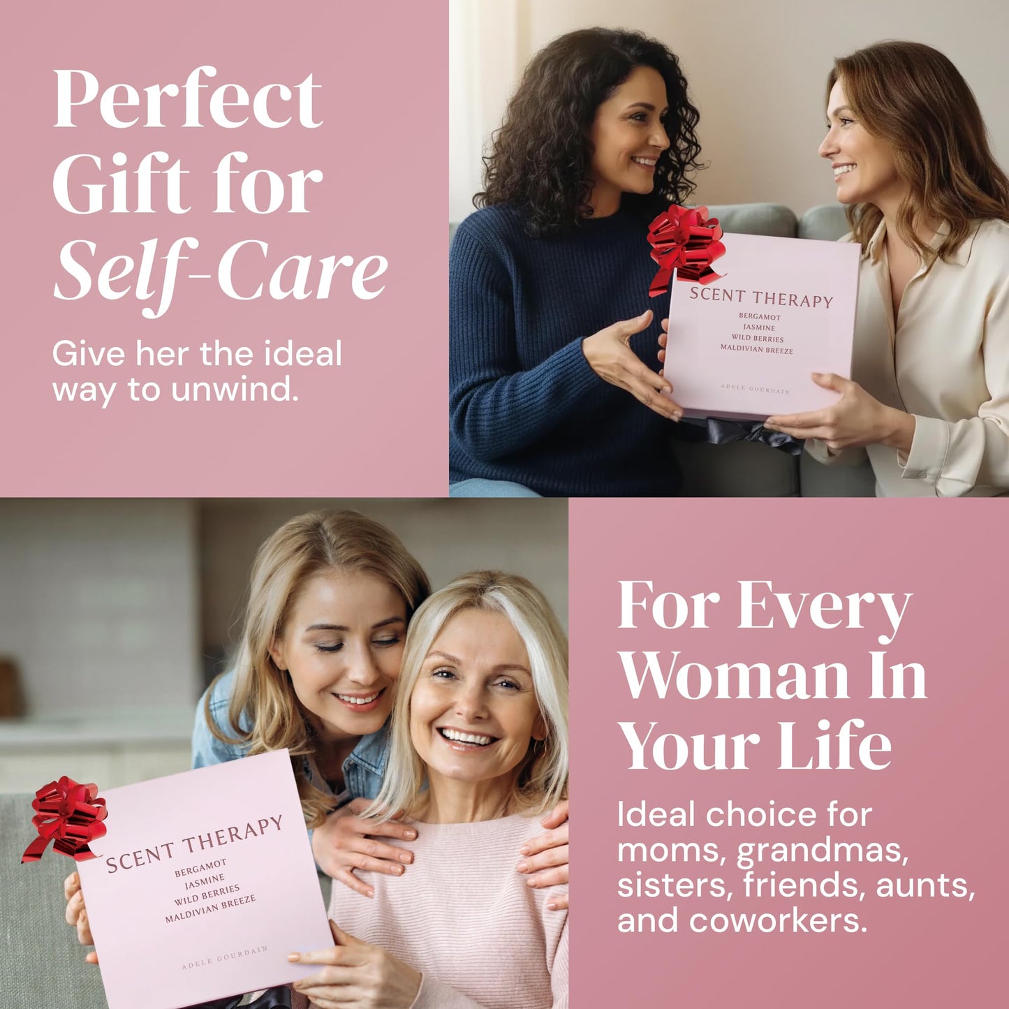 ADELEGOURDAIN Aromatherapy Scented Gift Set - 4 Soy Wax Candles & 2 Fragrance Sachets - Calming Jasmine, Bergamot, Berry & Breeze Scents in Glass Jars - Home, Bath & Relaxation Mother's Day Presents