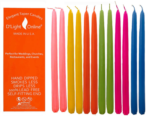 D'light Online 10" Elegant Seasonal Summer Assorted Colors Taper Candles - Vibrant Colors Unscented Candle Sticks, Hand-Dipped Tapered Candles Dripless and Smokeless - Set of 12 (10 Inch, Carnival)
