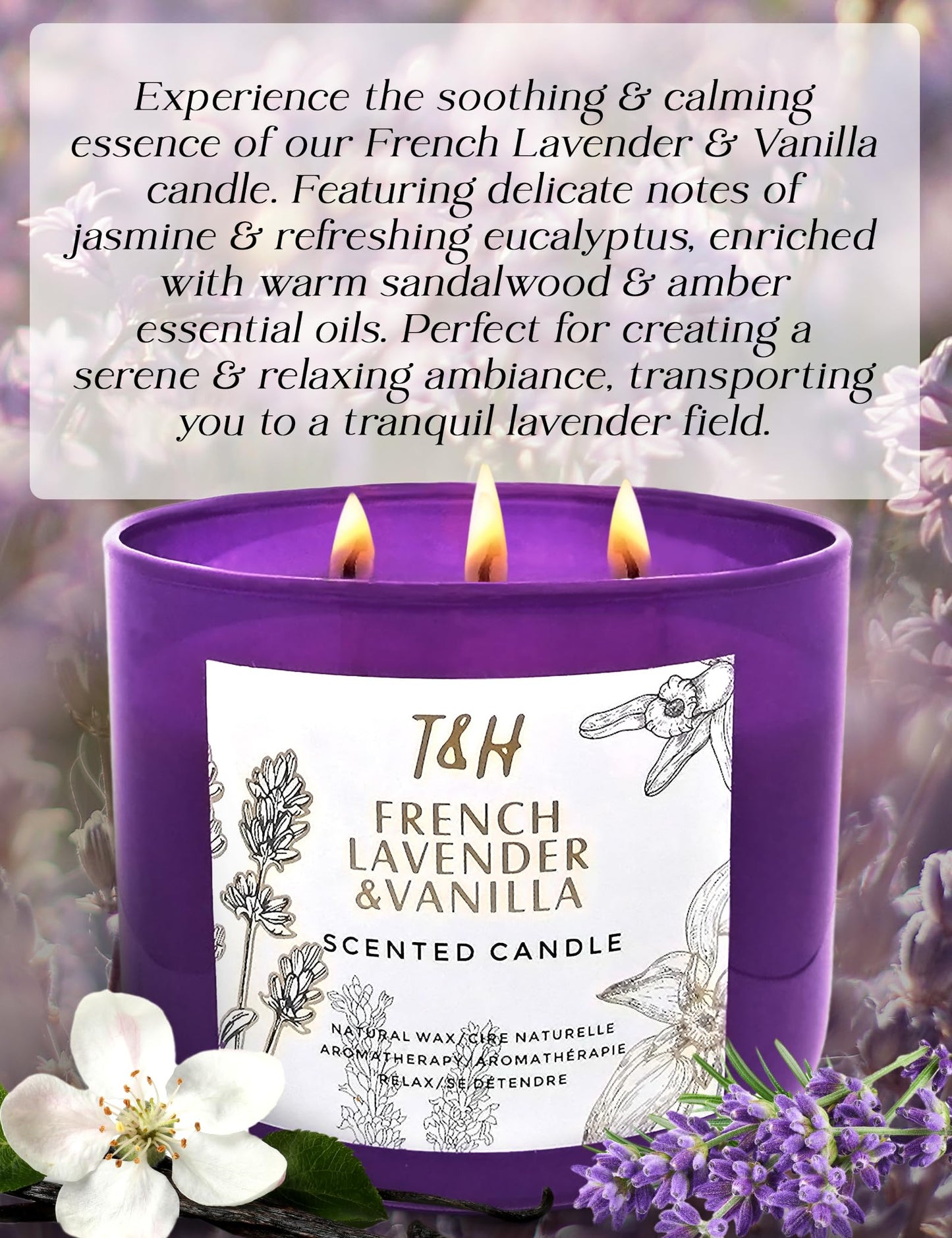French Lavender Vanilla 3-Wick Scented Candle | 15.8 oz Large Soy Aromatherapy Candle for Home | Clean Burn Long Lasting | Relaxing Floral Vanilla Scent | Cozy Gifts for Women & Men