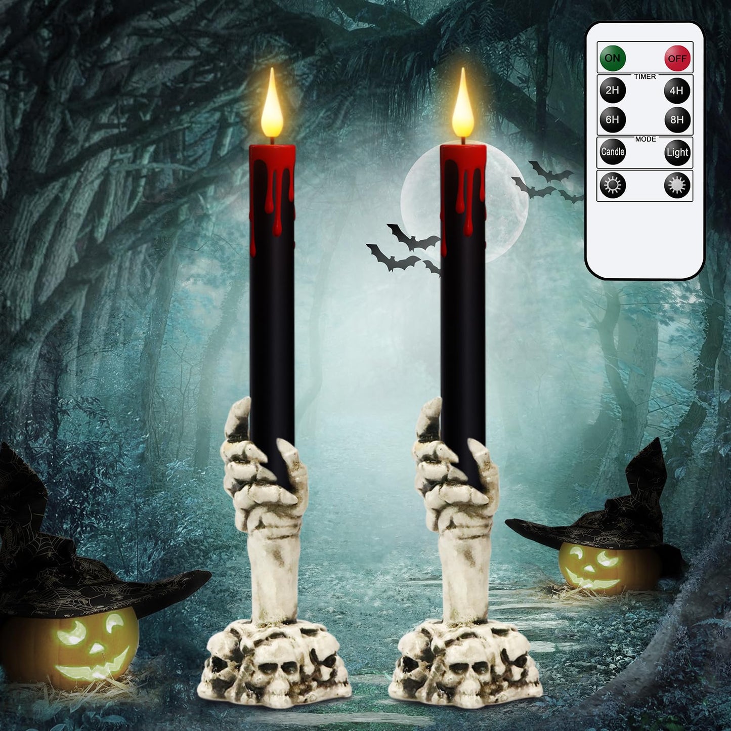 DRomance Black Flameless Taper Candles Battery Operated with Remote and Timer, Blood Dripping Wax LED Flickering Candles Skeleton Hand Holders Dinner Table Halloween Decor Lights(2 Pack, 3” x 12”)