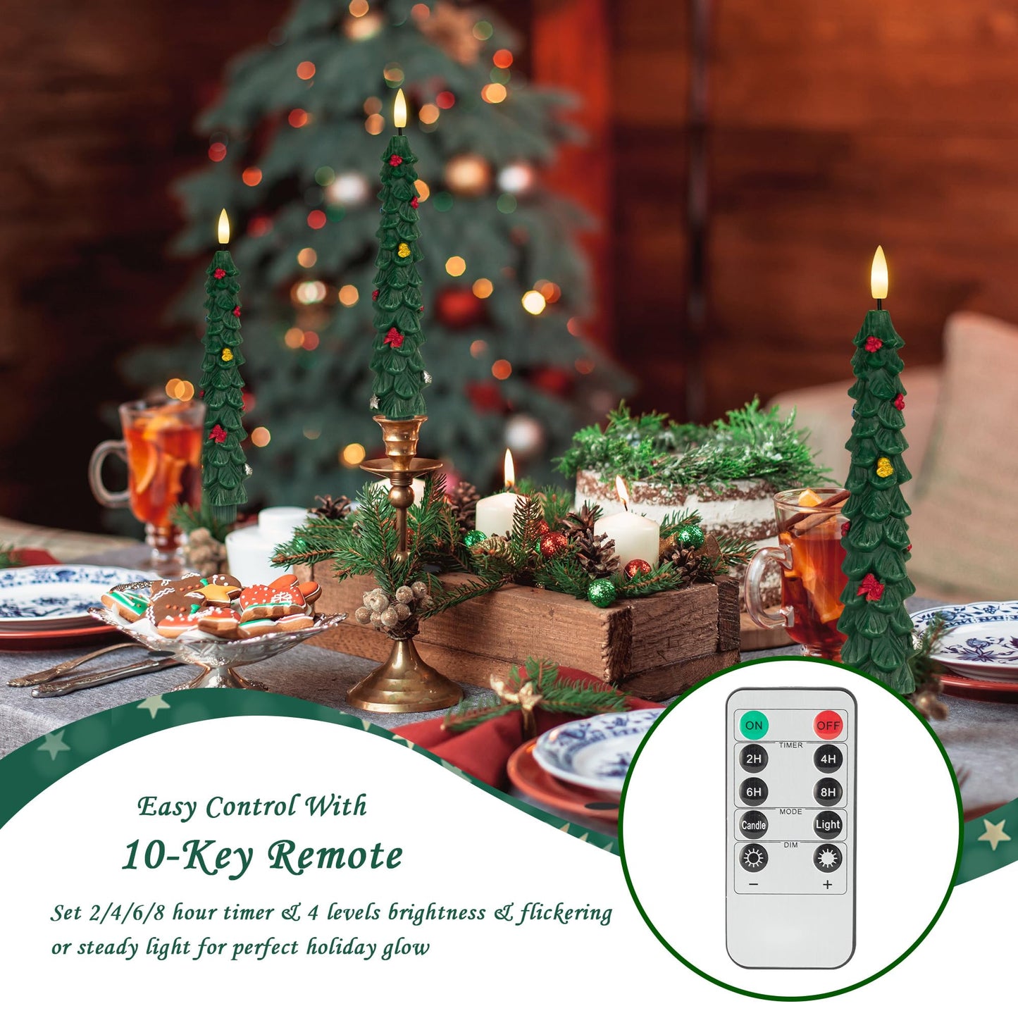 AFINETH Christmas Tree Taper Candles with Remote, 2 Pack Green Flameless Candles Battery Operated, Real Wax 9.6 Inch Flickering Led Tree Candlesticks Decorations for Winter Home Holiday Xmas Gift