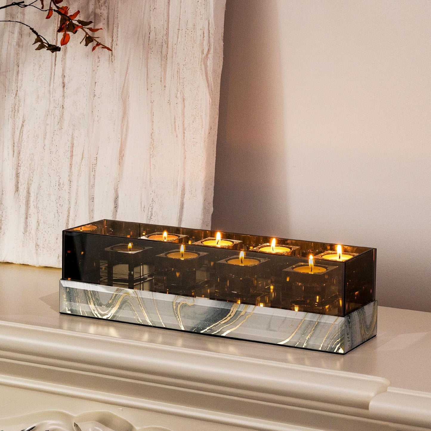 Crystal Glass Candle Holder Rectangular 4 Candle Seat with Marble Pattern-Tealight and Votive Candles Holders Centerpiece Table Decorations for Home Décor, Dining Room, Kitchen, Patio (White)