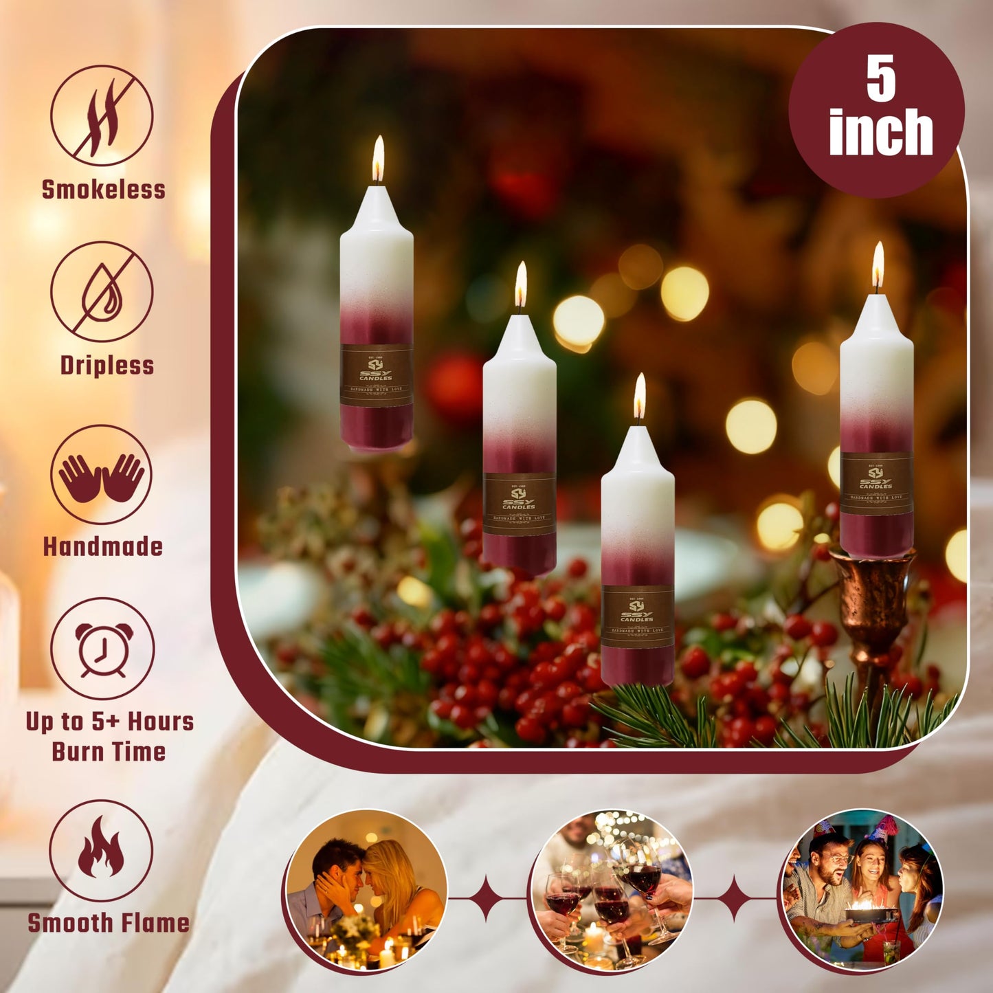 Christmas Metallic Red Candle 5 Inch Short Smokeless Taper Candles 4 Pack Unscented Dinner Candle for Christmas Dinner