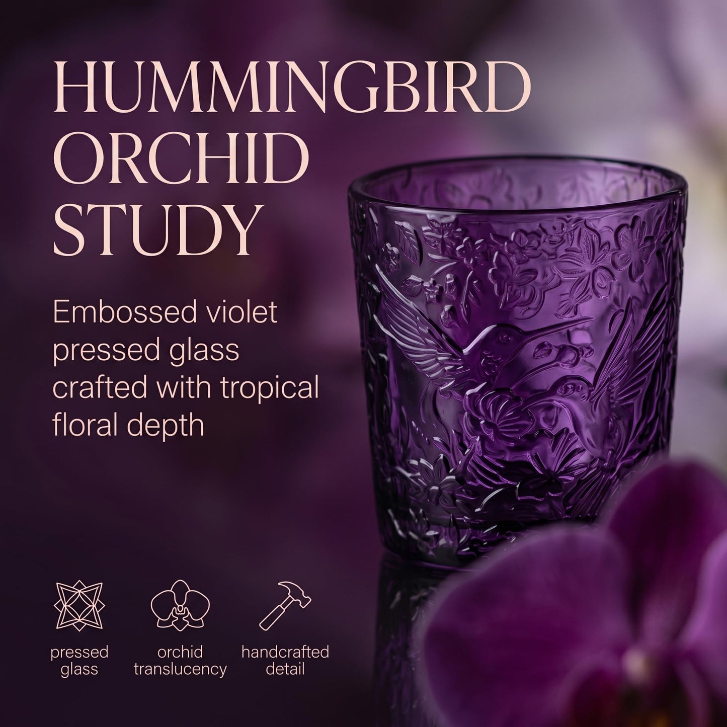 12 Pack Hummingbird Embossed Glass Candle Holders – Votive Tealight Holders with Patent Design, Decorative Embossed Glass Cups for Wedding Centerpieces, Parties, and Home Décor (Amethyst Bloom)