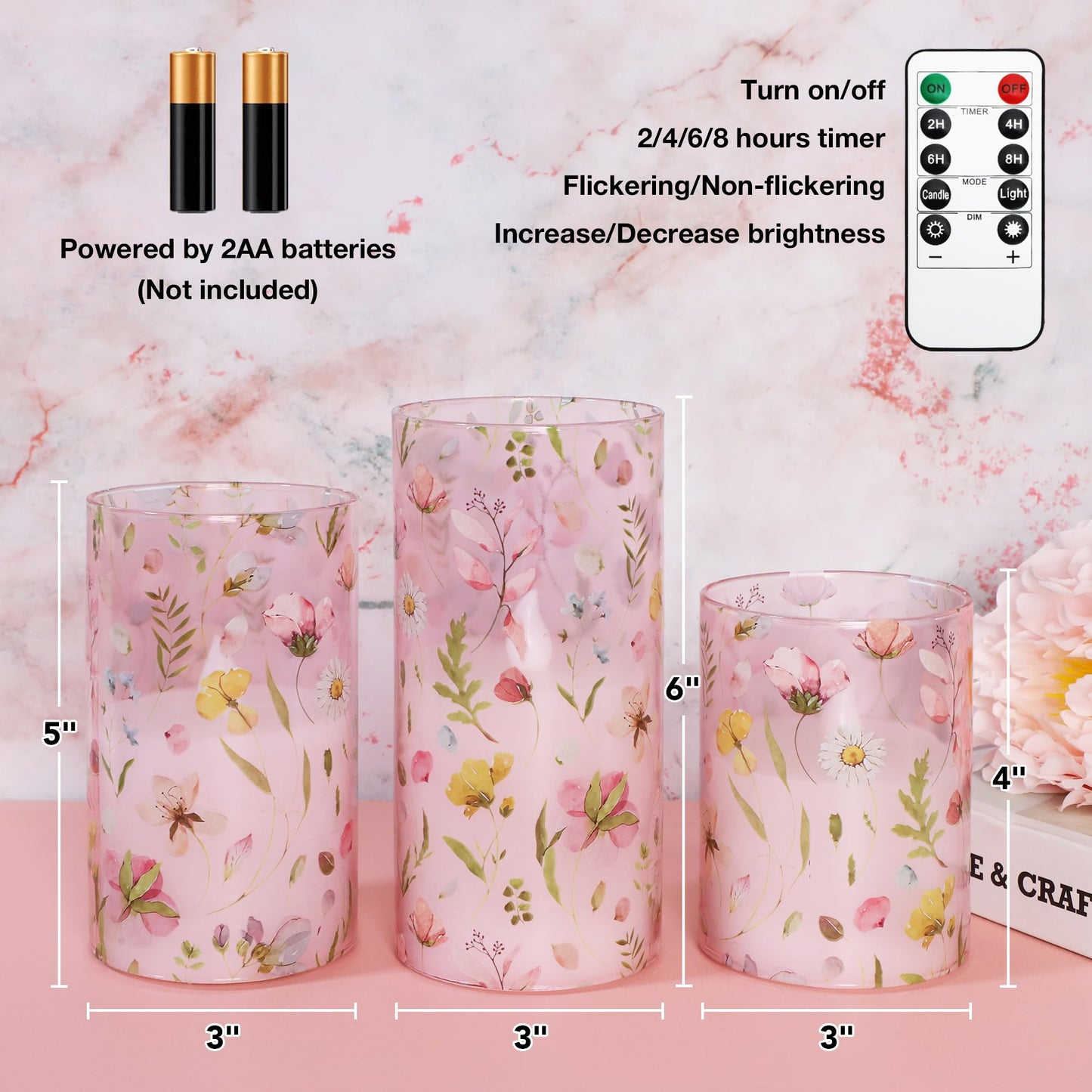 Silverstro Pink Flameless Candles with Remote Timer, Glass Battery Operated Candles, Pink Flower Decals LED Candles for Home Party Wedding Mother's Day Thanksgiving Decor Set of 3