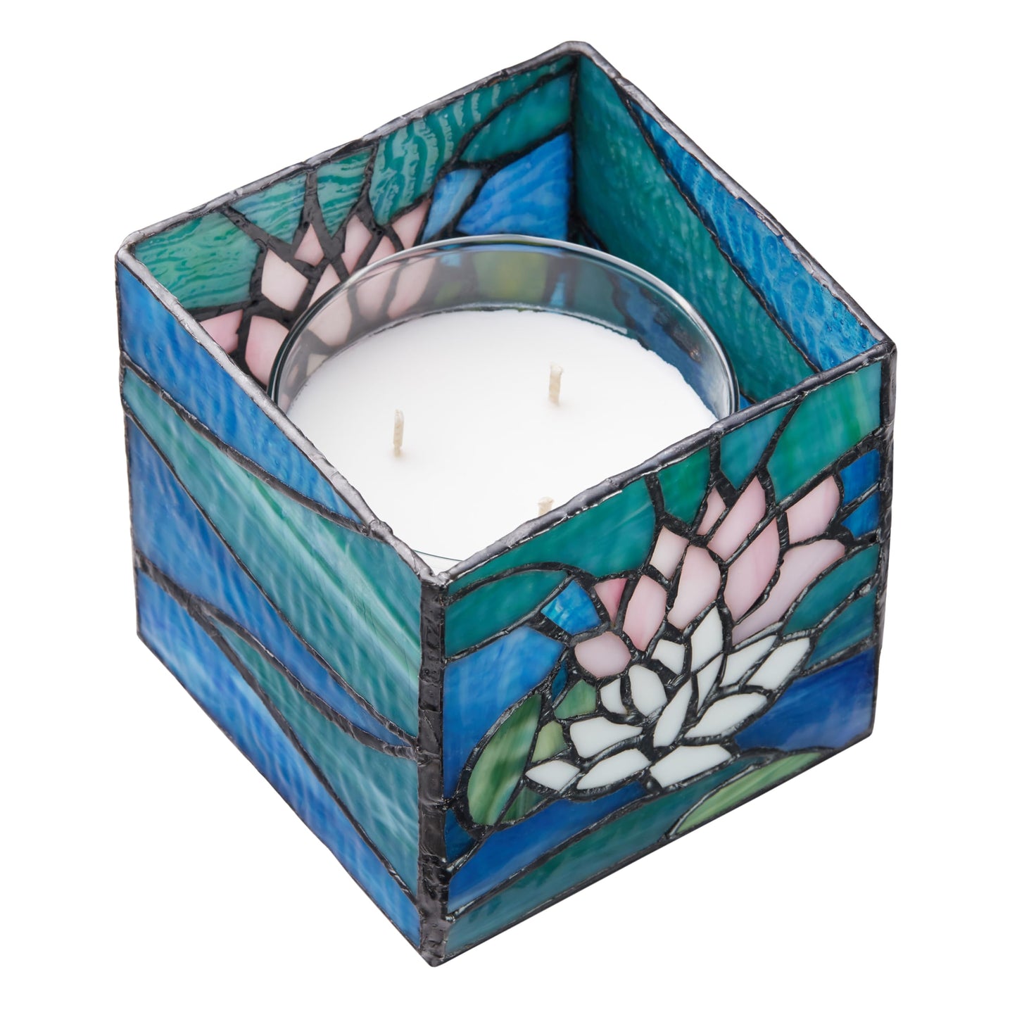 River of Goods 4.75" W Blue Pond Lily Stained Glass Candle Holder