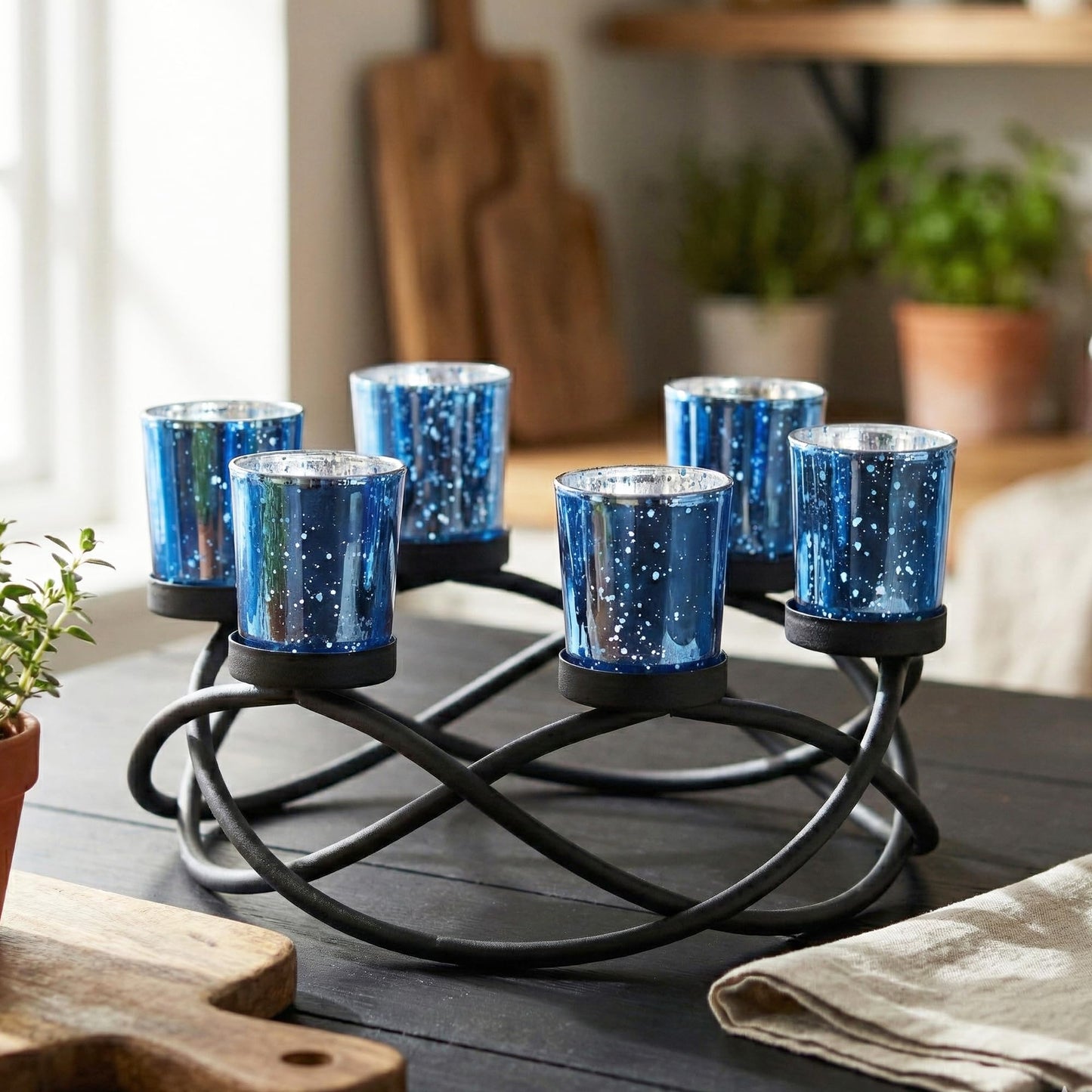 Seraphic Centerpieces for Table Decorations - Round Candle Holders for Outdoor Patio, Dining, Kitchen, Coffee & Wedding Table Decor, Black Iron Candelabra, 6 Blue Glass Votive Tealight Cups
