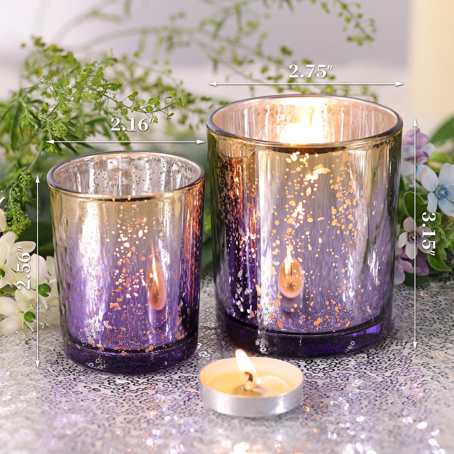 Volens 12pcs Assorted Purple Votive Candle Holders, Large Speckles Mercury Glass Votive & Tealight Candle Holder Bulk for Wedding Table Centerpiece, Purple and Gold Themed Party Decorations