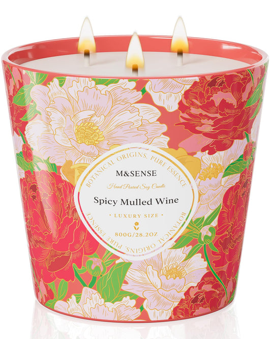 M&SENSE Spicy Mulled Wine Scented Candle, 28.2oz 3 Wick Natural Soy Wax Large Candles, Long Lasting Clean Slow Burning No Toxic Décor for Home Relaxation, Romantic Dates & Gift-Giving