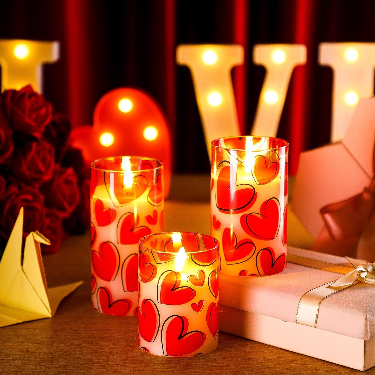 VIHOSE 3 Pcs Valentine LED Flameless Candles Romantic Heart Battery Operated Pillar Candles for Romantic Night Valentine's Day Gifts Proposal Anniversary Festival Gift Table Centerpiece Decor(Heart)