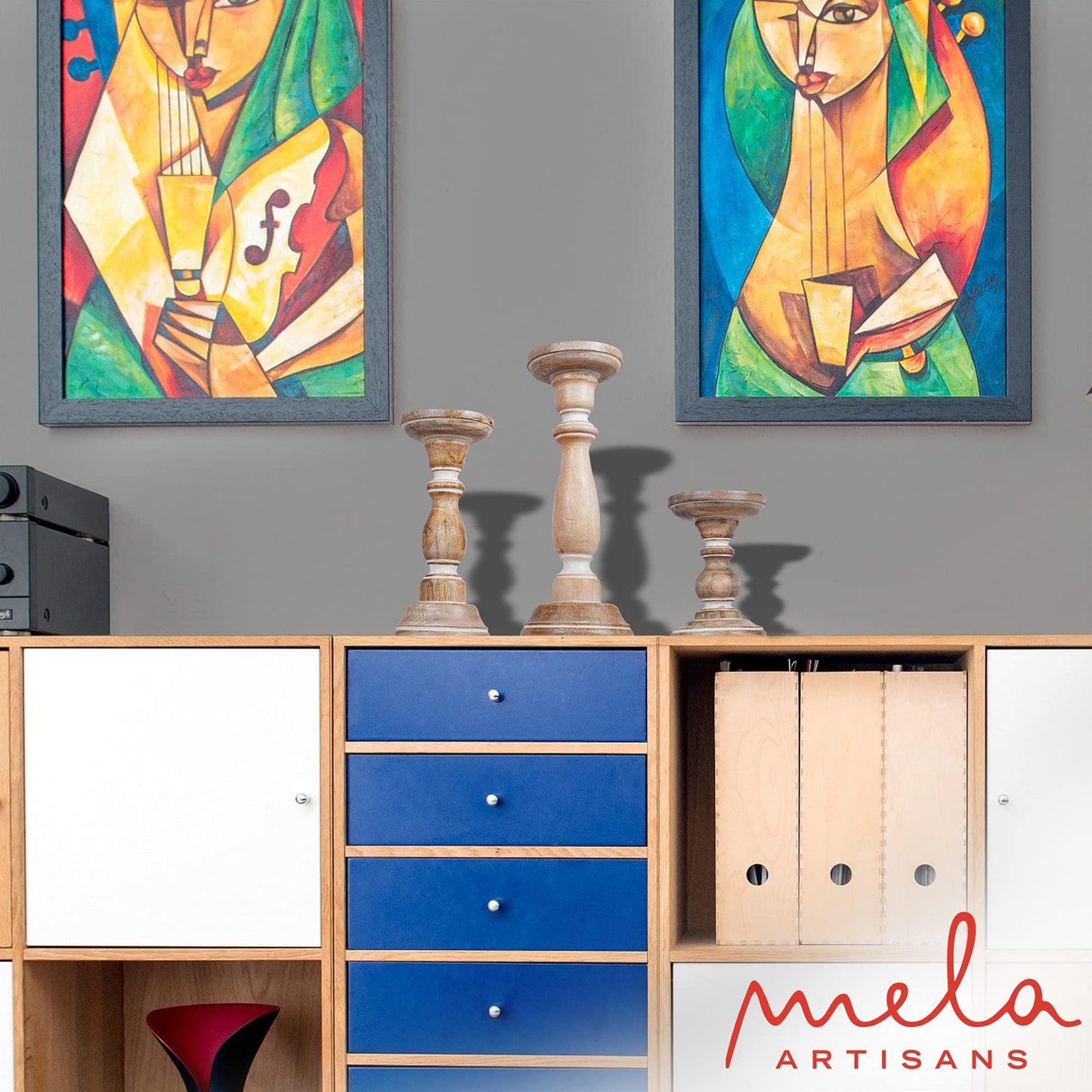 Mela Artisans 6”, 9” & 12” Mango Wood Pillar Candle Holder Set of 3 – Tuli Design Whitewashed – Wooden Candle Holders for Table, Mantel & Living Room Décor
