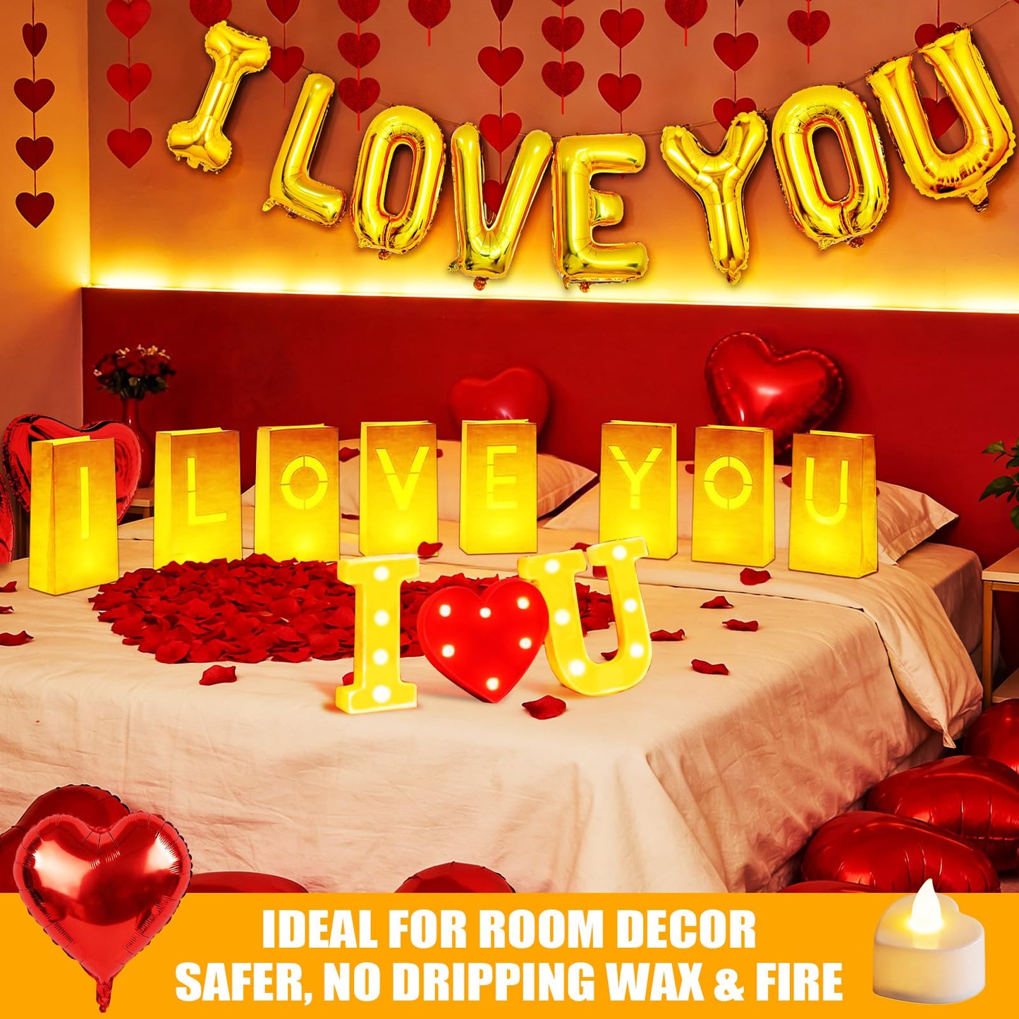 6000+PCS Rose Petals and Candles Set for Romantic Decorations Special Night - I Love You Letters Balloon and 8 Luminary Bags 6000 Rose Petals 48 Heart Candles for Anniversary Valentines Day Proposal