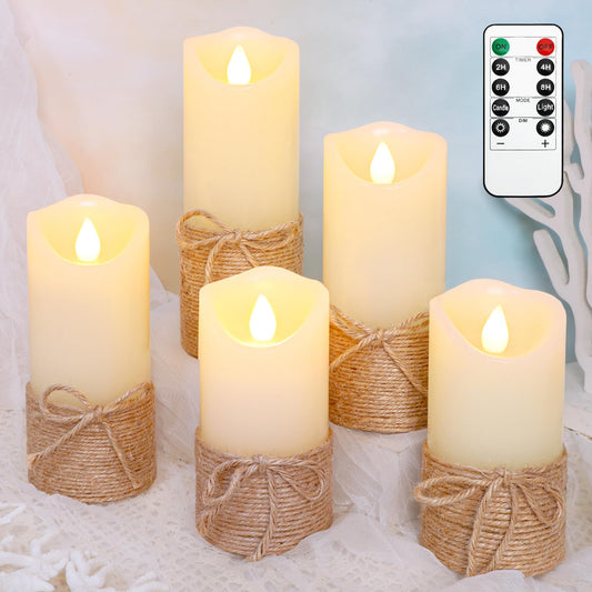 Crystal Club Flameless Candles Flickering with Timer, Set of 5 Battery Pillar Candles with Hemp Rope, Realistic Wax Candle Lights for Summer Party Home Table Décor