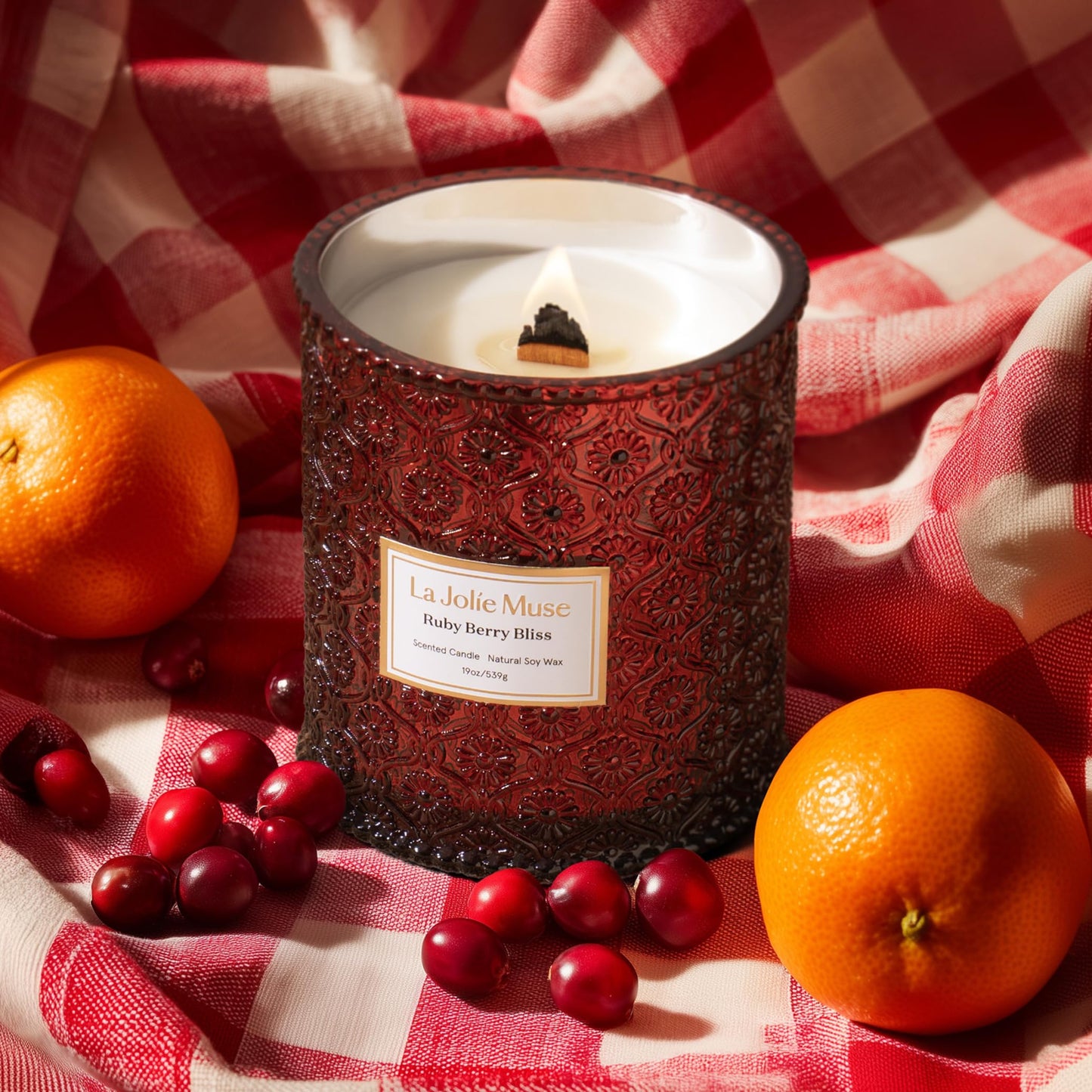 LA JOLIE MUSE Ruby Berry Bliss Scented Candle for Home | Christmas Winter Holiday | 19 oz Non Toxic Natural Soy | Large Red Jar Candle | Luxury Gifts for Women & Men | Wood Wick