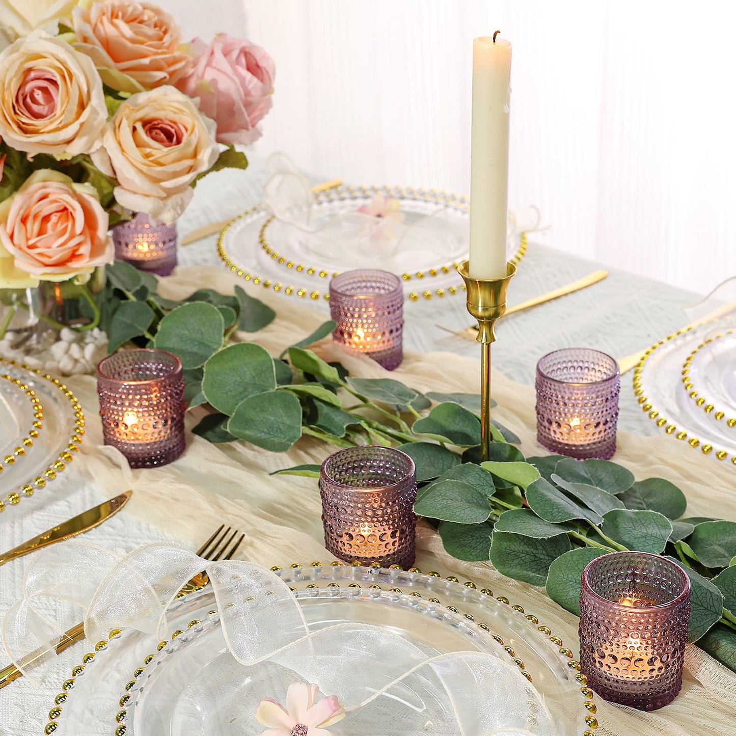 SUPMIND 24 Pcs Votive Candle Holders, Glass Holders Bulk for Table Centerpiece, Tea Lights Candle Holders for Wedding Shower, Party and Home Decor Purple