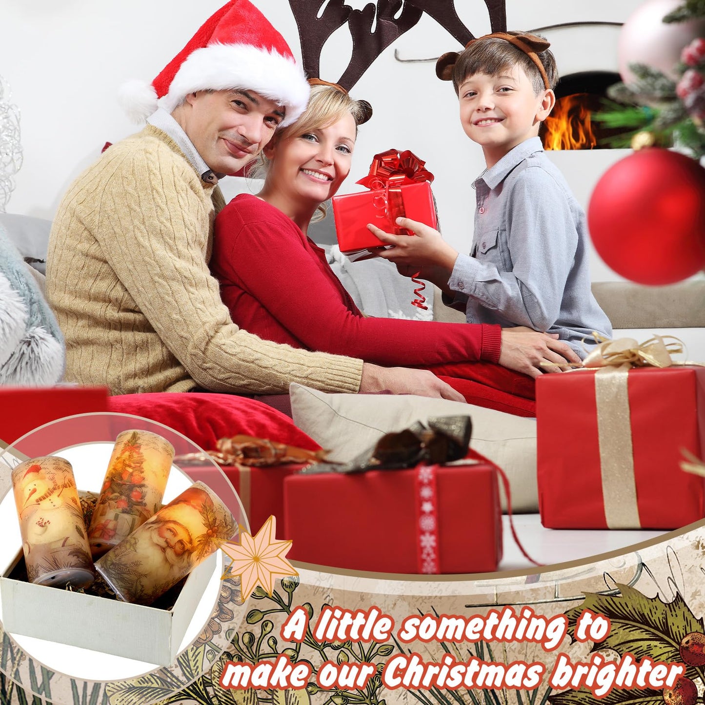 Retisee 3 Pcs Christmas Flameless Candles with Remote Timer Real Wax LED Flickering Pillar Candle White Cold Light Battery Operated for Home Window Xmas Gift Winter Holiday Decor(Retro)