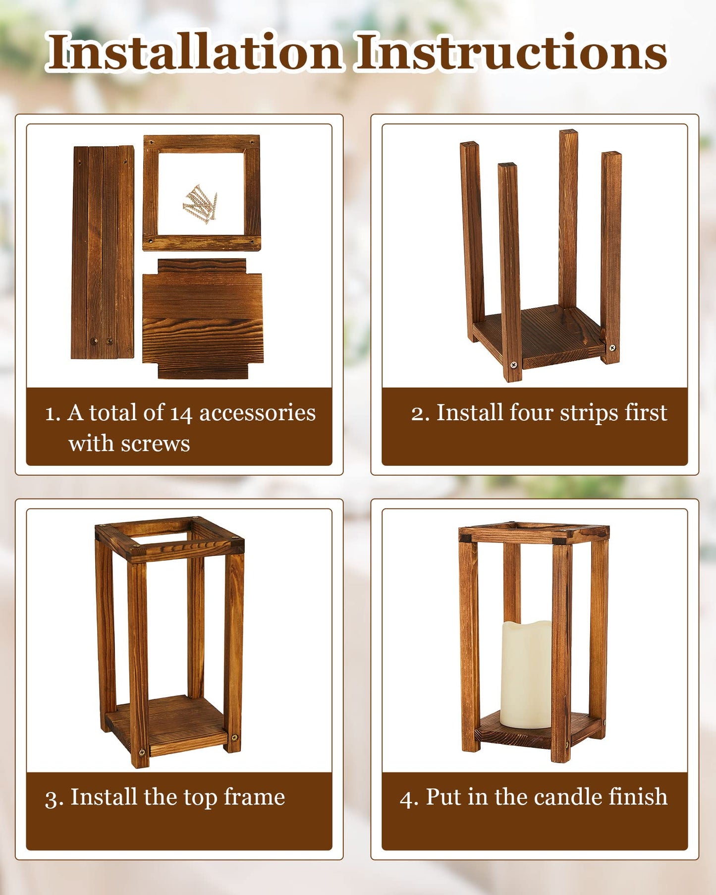 Huquary 8 Pcs Wooden Wedding Lantern Centerpiece for Table Decoration Includes 4 Farmhouse Candle Holder and 4 Flameless Decorative LED Candles for Rustic Home Wedding Decor(Dark Brown)